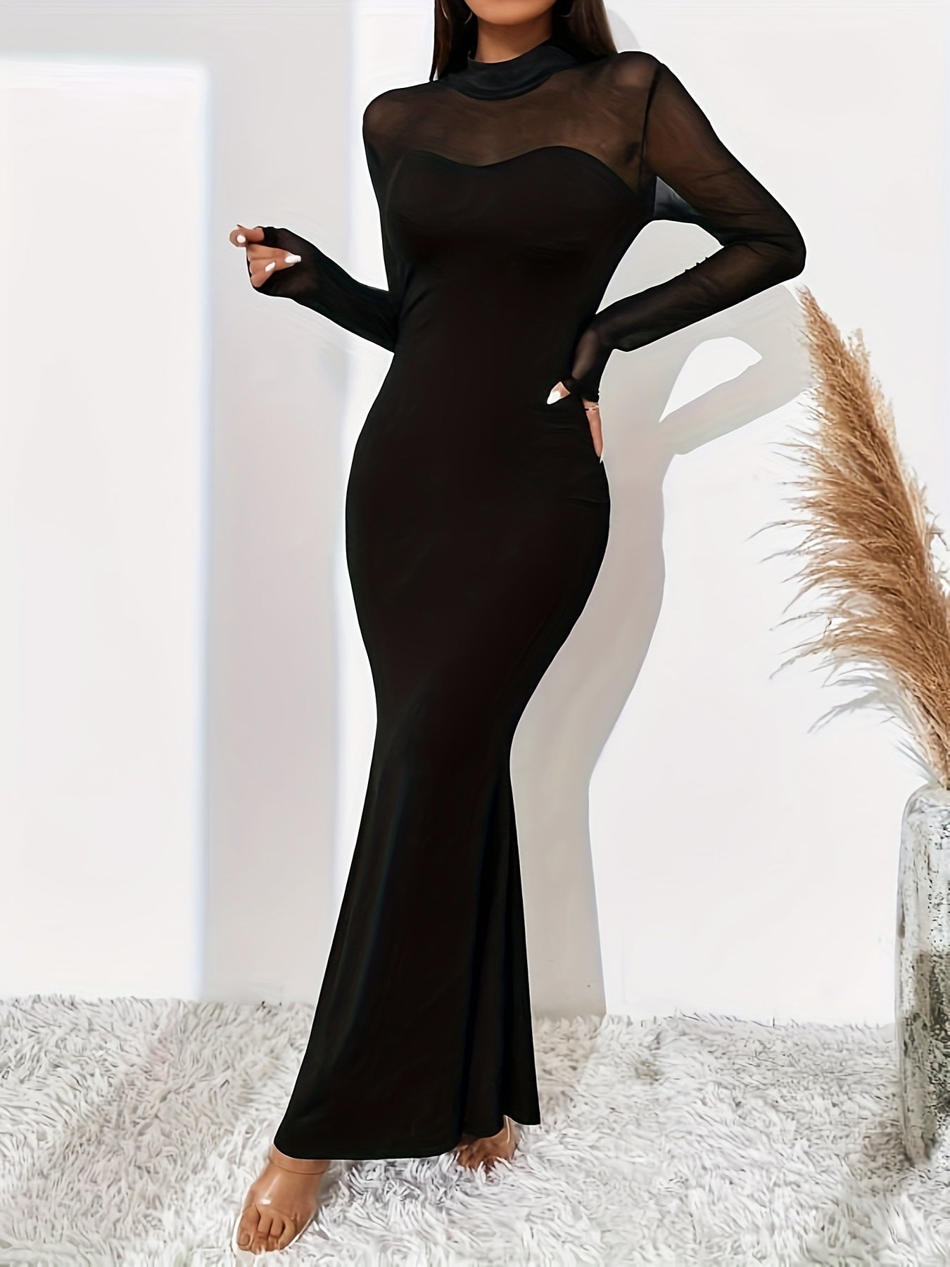Sixsr Mesh Stitching Mock Neck Dress, Casual Slim Long Sleeve Maxi Dress, Women's Clothing
