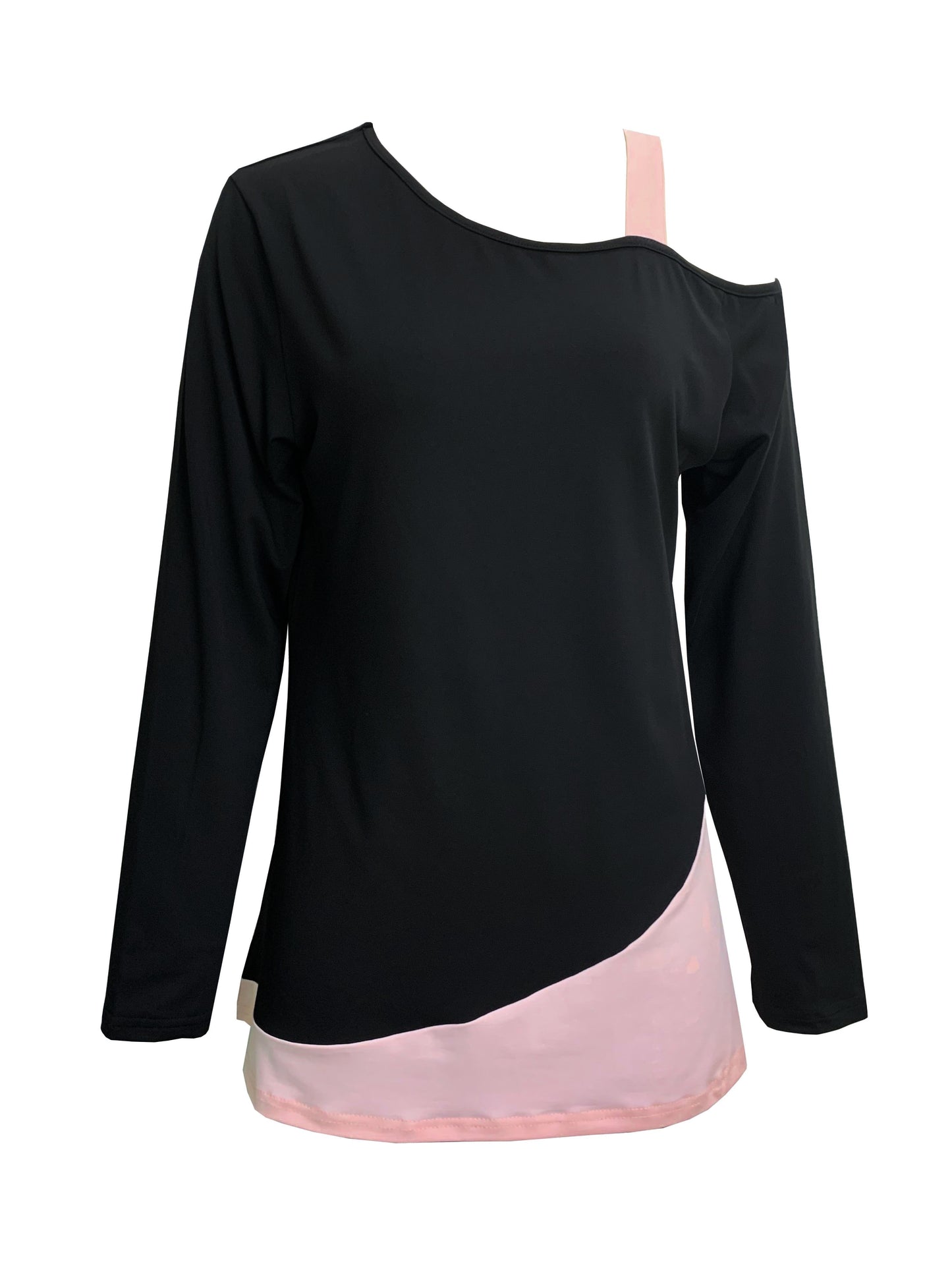 Sixsr Plus Size Casual Top, Women's Plus Colorblock Long Sleeve One Shoulder Medium Stretch Top