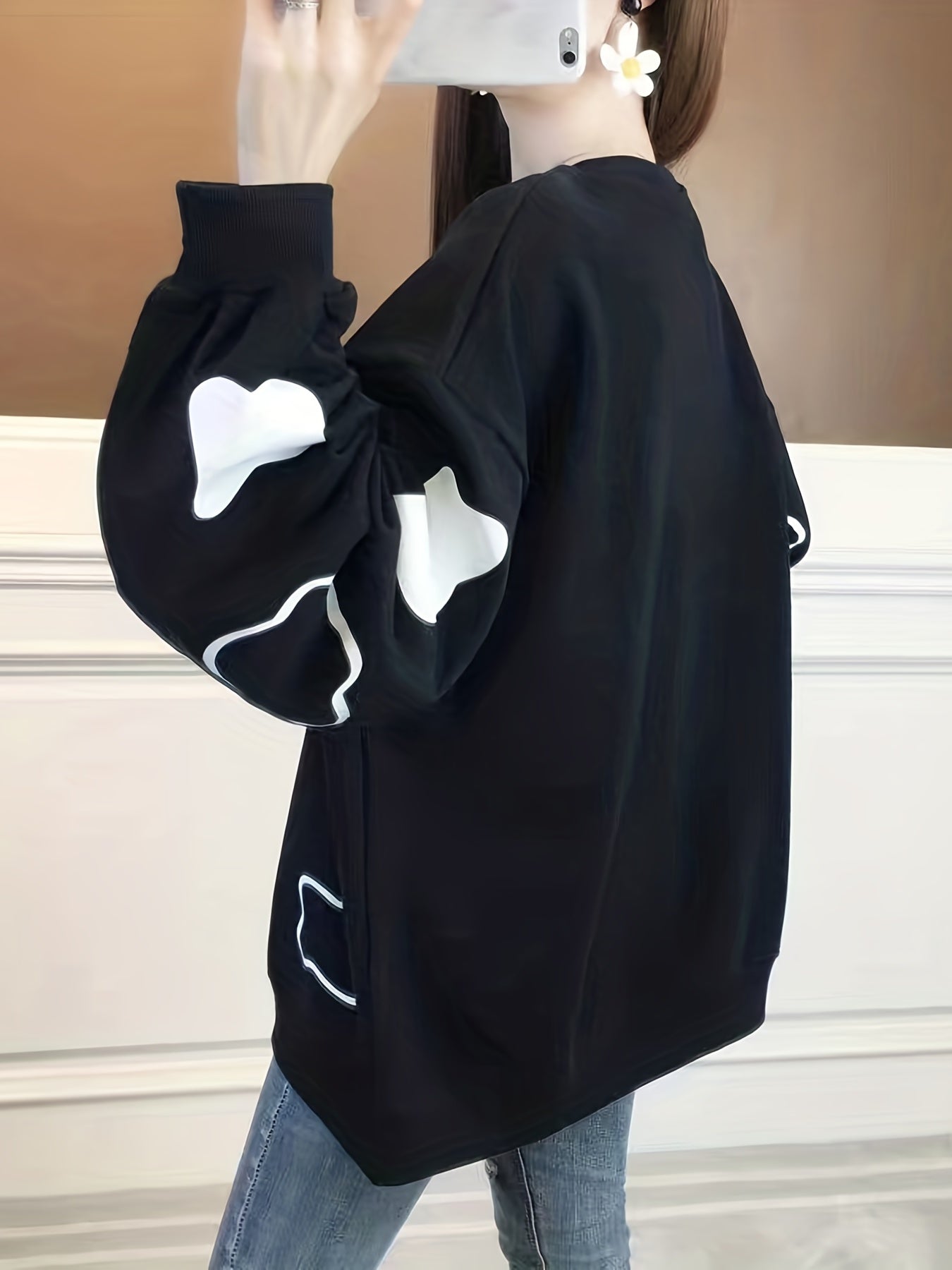 Sixsr Cute Cow Pattern Pullover Sweater, Preppy Long Sleeve Oversized Sweater, Women's Clothing