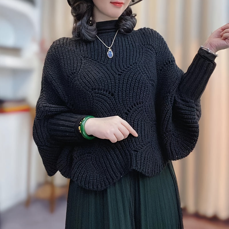 Sixsr Elegant Hollow Out Knitted Shawl Stylish Solid Color Pullover Coat Autumn Winter Warm Versatile Bat Sleeves Cloak