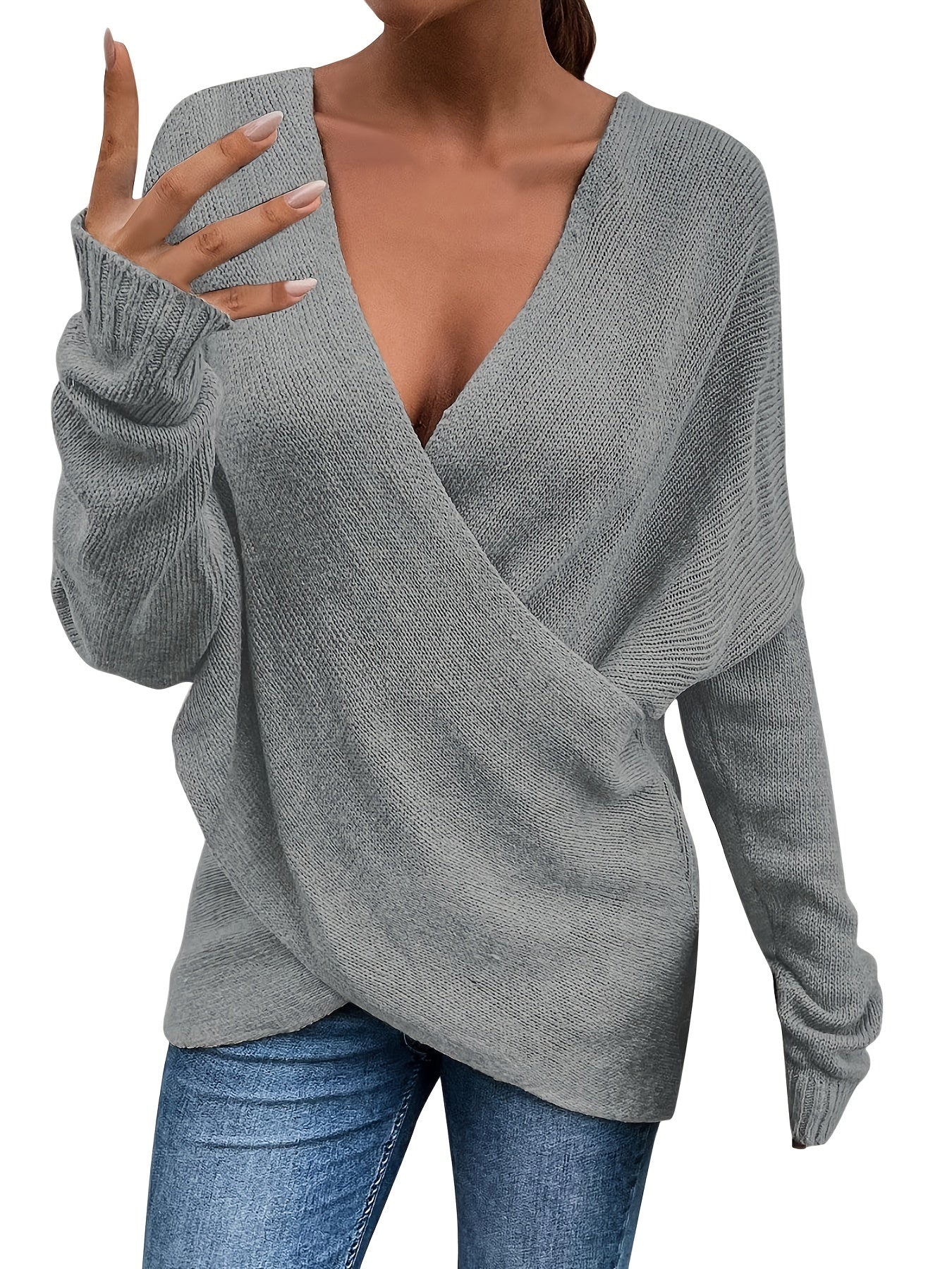 Sixsr Plus Size Twist Front Deep V Neck Irregular Hem Knit Tops, Women's Plus Slight Stretch Sexy Knit Tops