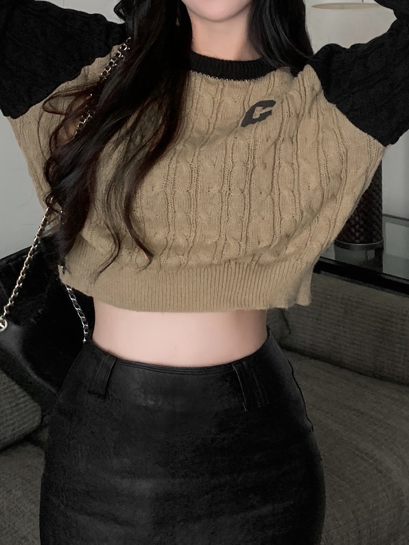 Sixsr Color Block Crew Neck Cable Knit Sweater, Casual Long Sleeve Pullover Sweater, Women's Clothing