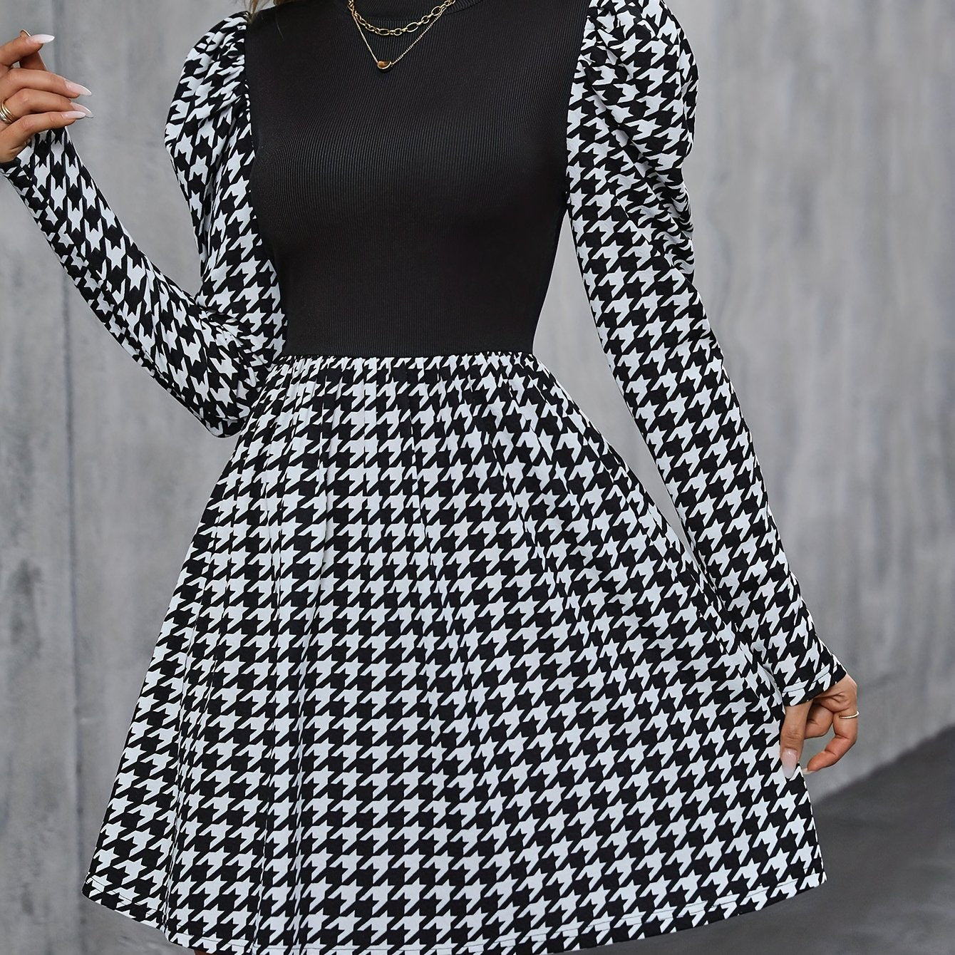 Sixsr Houndstooth Print Ruched Dress, Elegant Long Sleeve Mini Dress, Women's Clothing