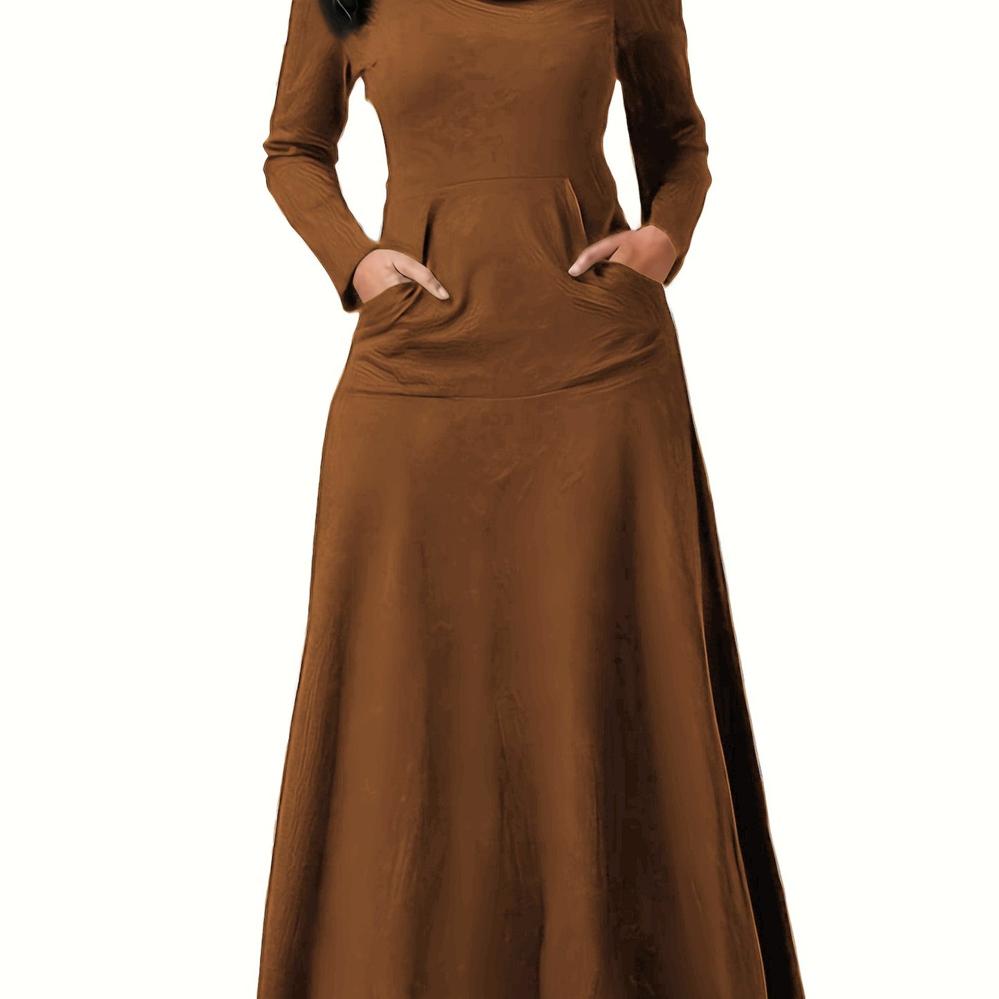 Sixsr Pile Collar Solid Maxi Dress, Elegant Long Sleeve Kangaroo Pocket Dress, Women's Clothing
