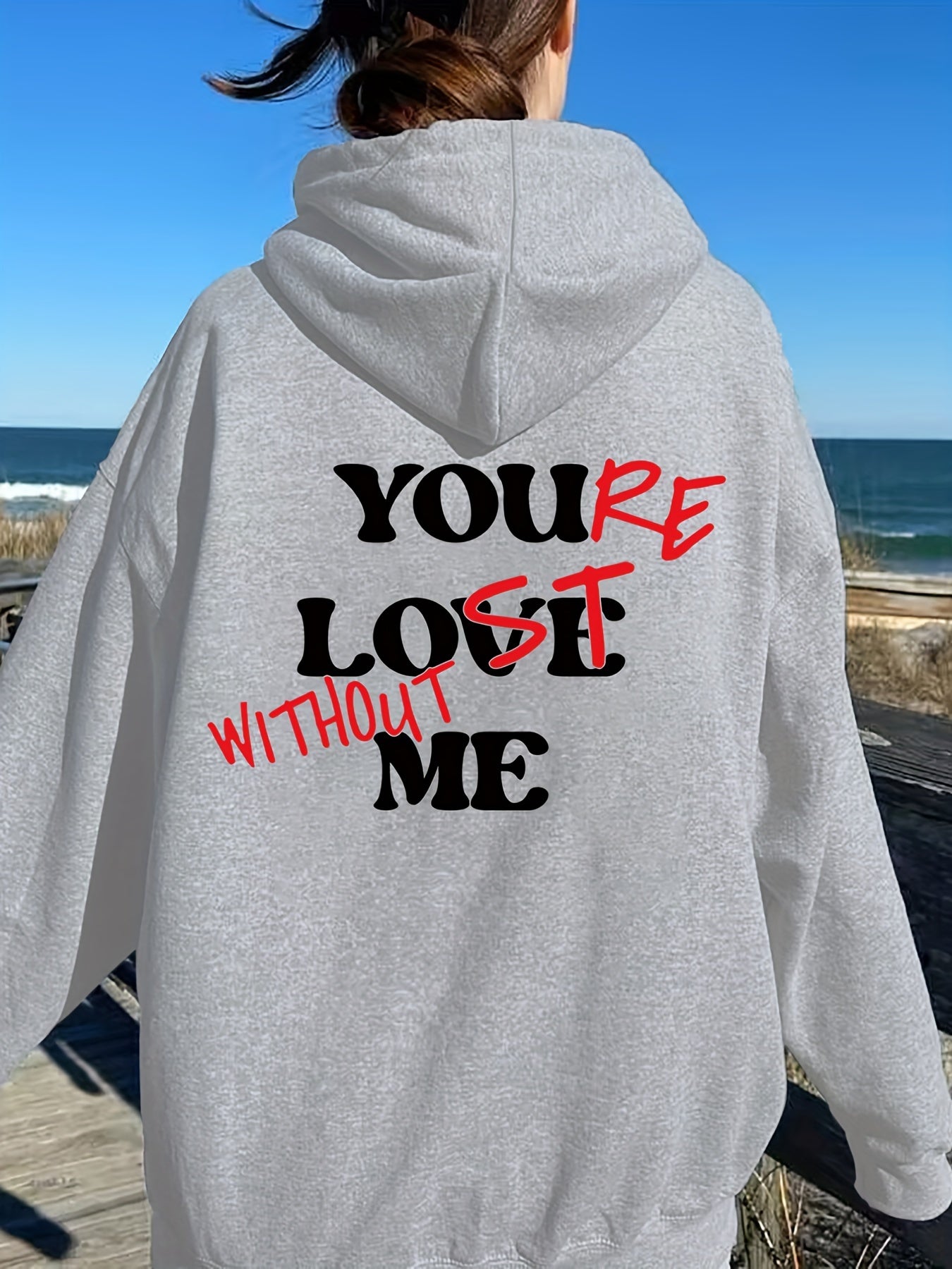 Sixsr Letter Print Back Hoodies, Casual Kangaroo Pocket Long Sleeve Sweatshirt, Women's Clothing
