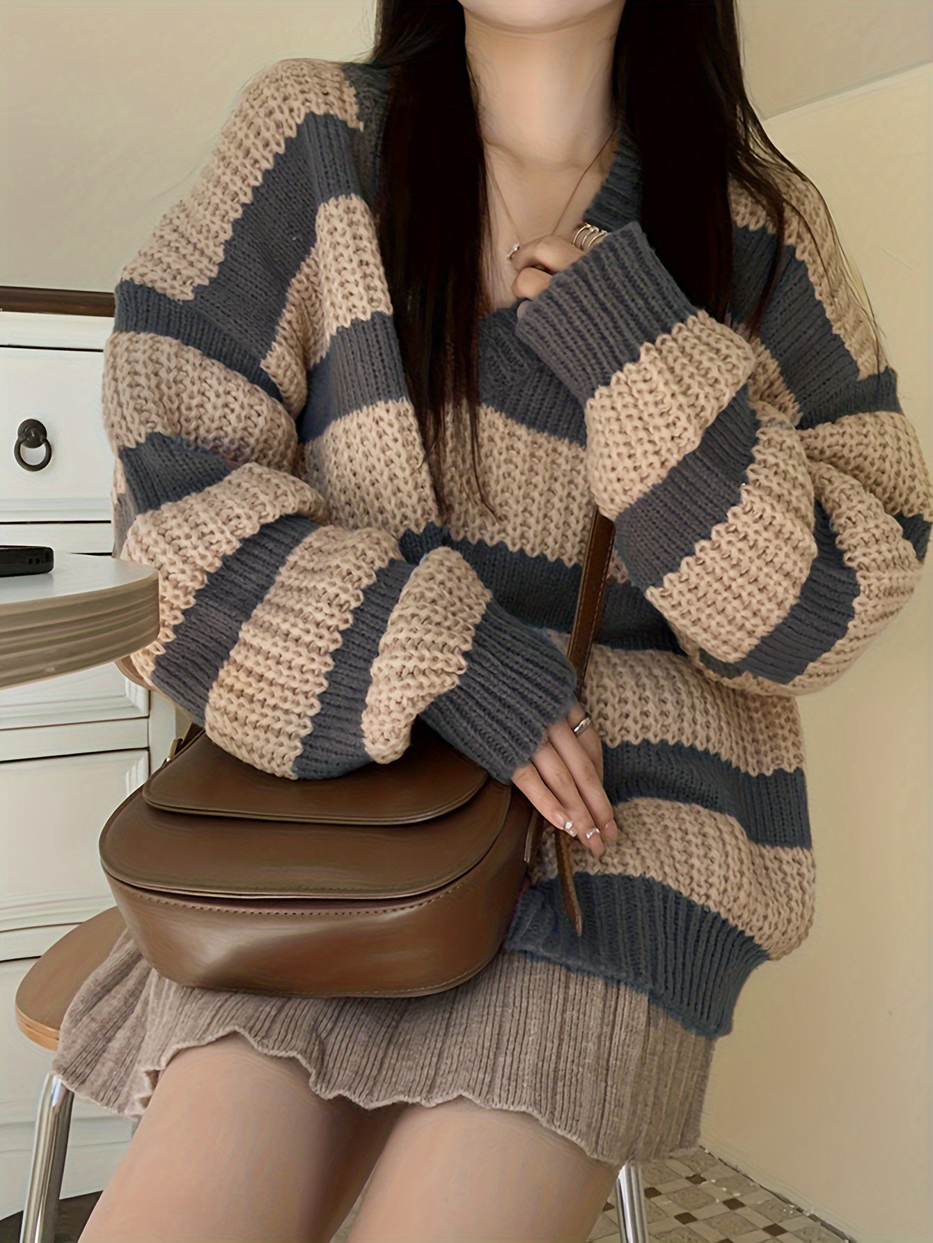 Sixsr Striped V Neck Pullover Sweater, Casual Long Sleeve Drop Shoulder Sweater, Women's Clothing