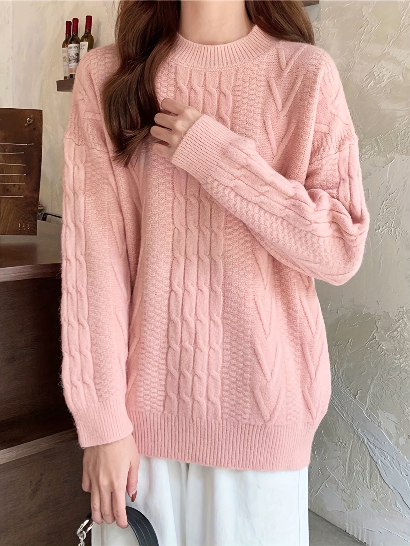 Sixsr Solid Cable Twist Knit Sweater, Casual Long Sleeve Pullover Sweater, Women's Clothing
