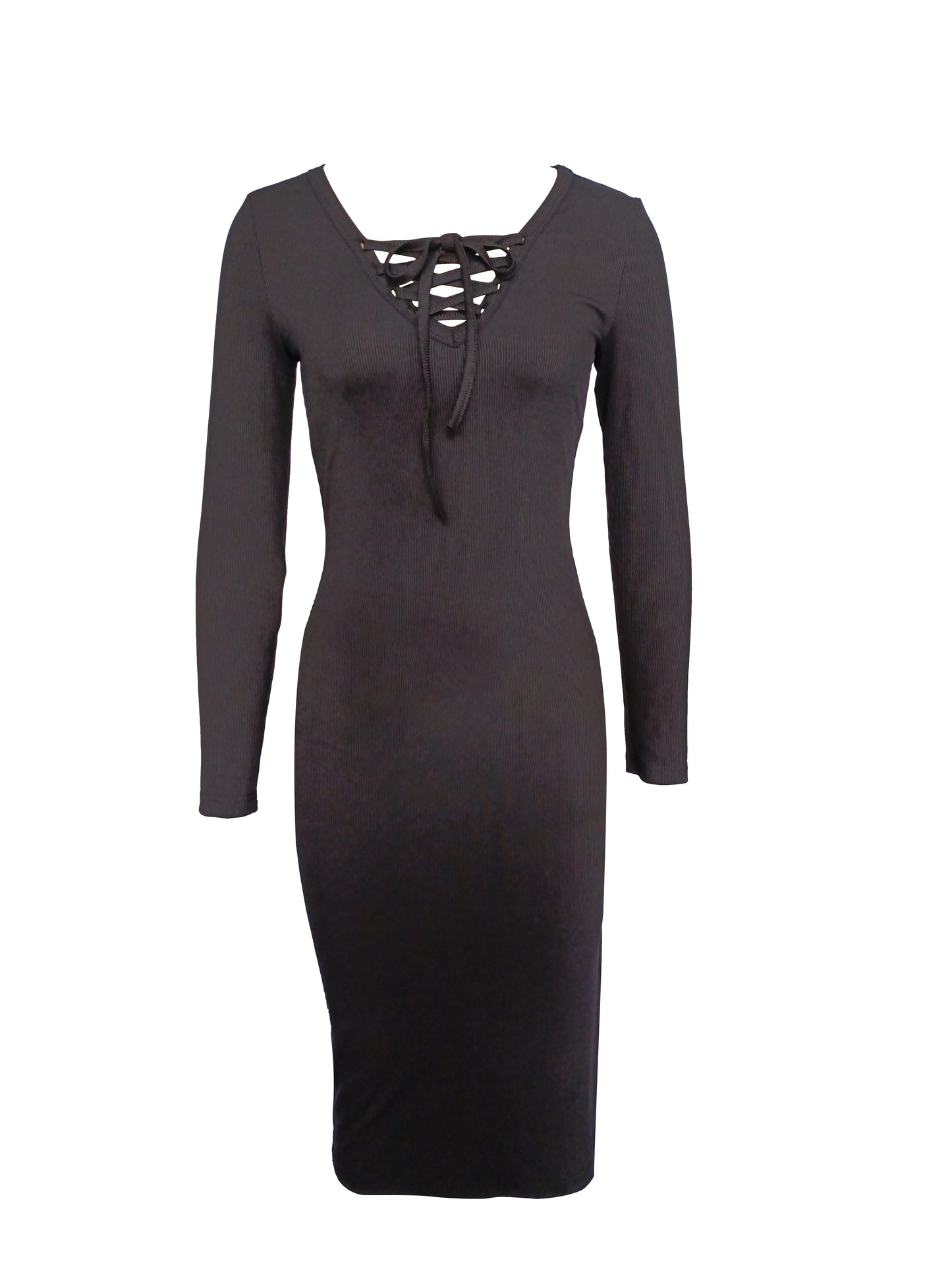 Sixsr Solid Split Dress, Casual Drawstring V Neck Long Sleeve Dress, Women's Clothing