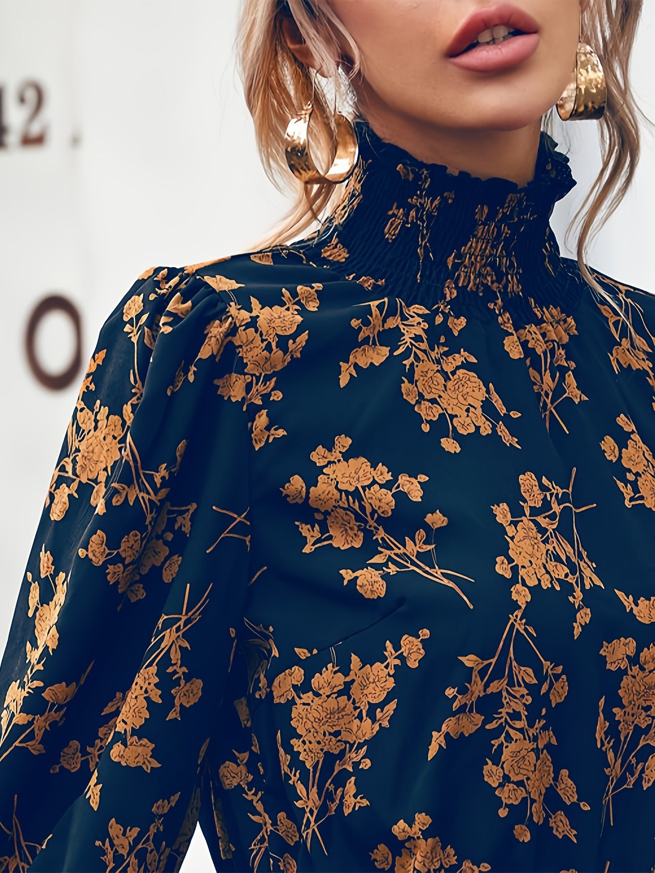 Sixsr Floral Print Lantern Sleeve Dress, Casual Shirred Mock Neck Tie-waist Dress, Women's Clothing