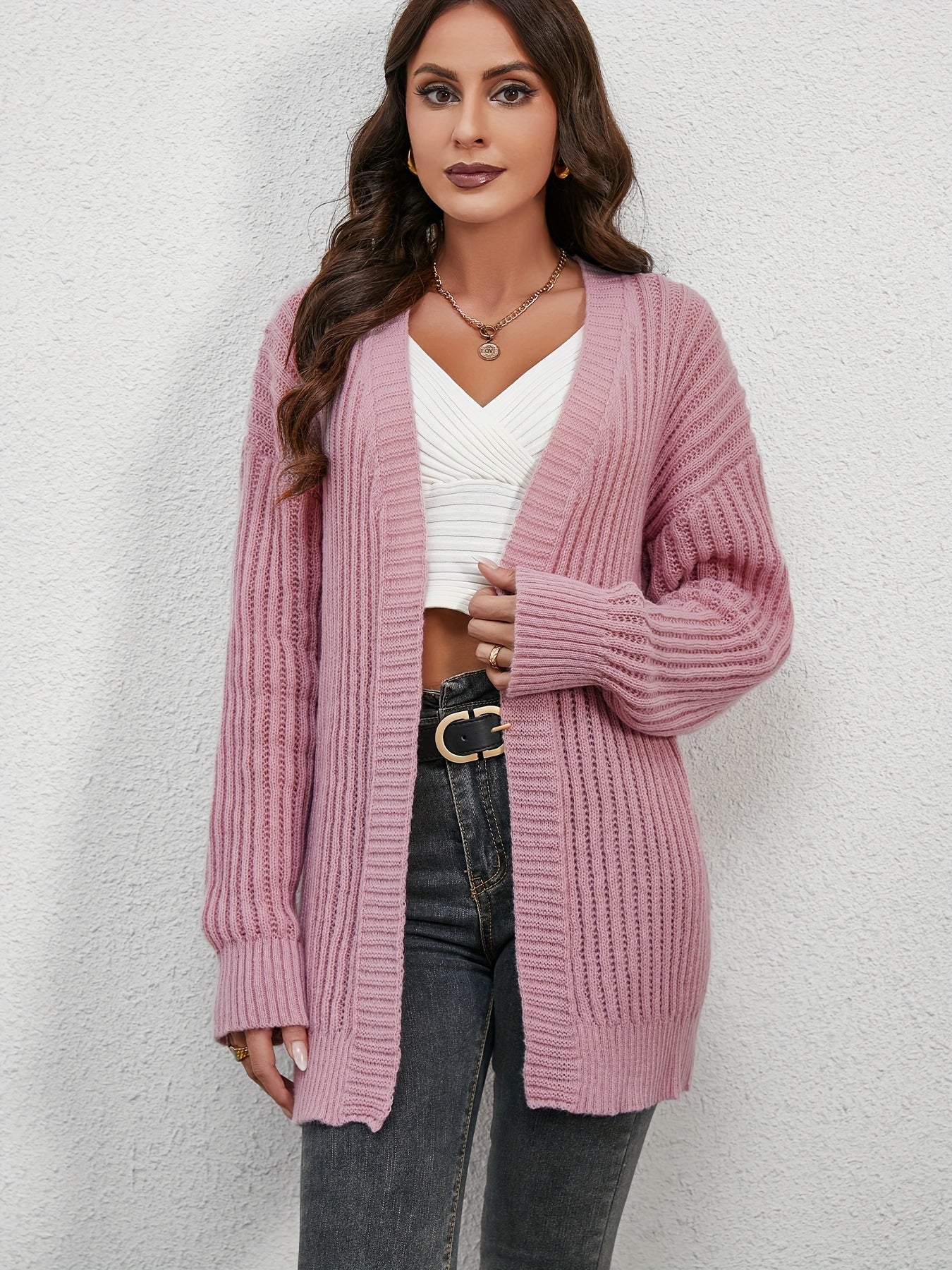 Sixsr Casual Open Front Solid Cardigan, Long Sleeve Cardigan For Spring & Fall, Women's Clothing