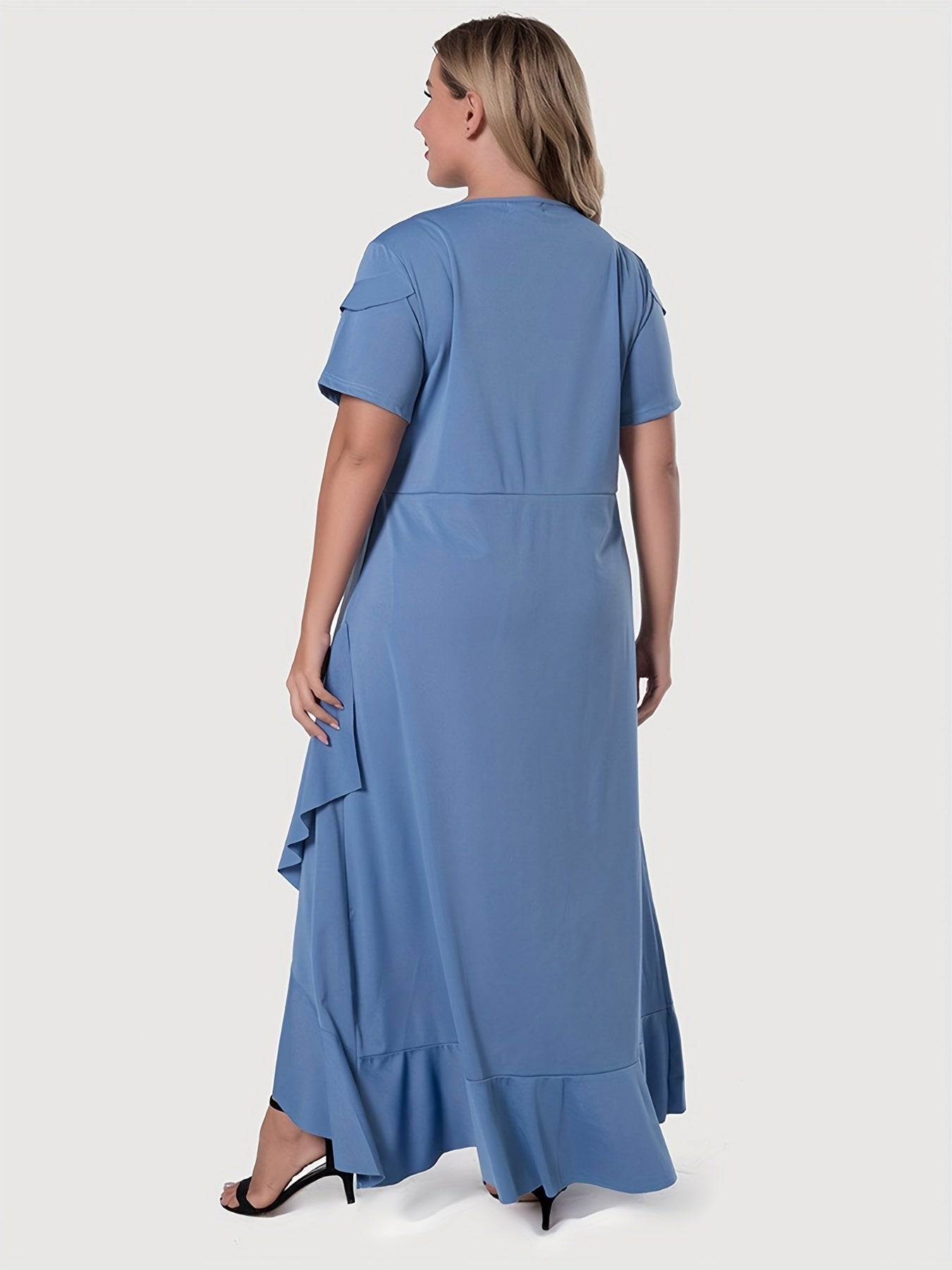 Sixsr Plus Size Elegant Dress, Women's Plus Plain Surplice Neck Ruffle Trim Short Sleeve Maxi Dress