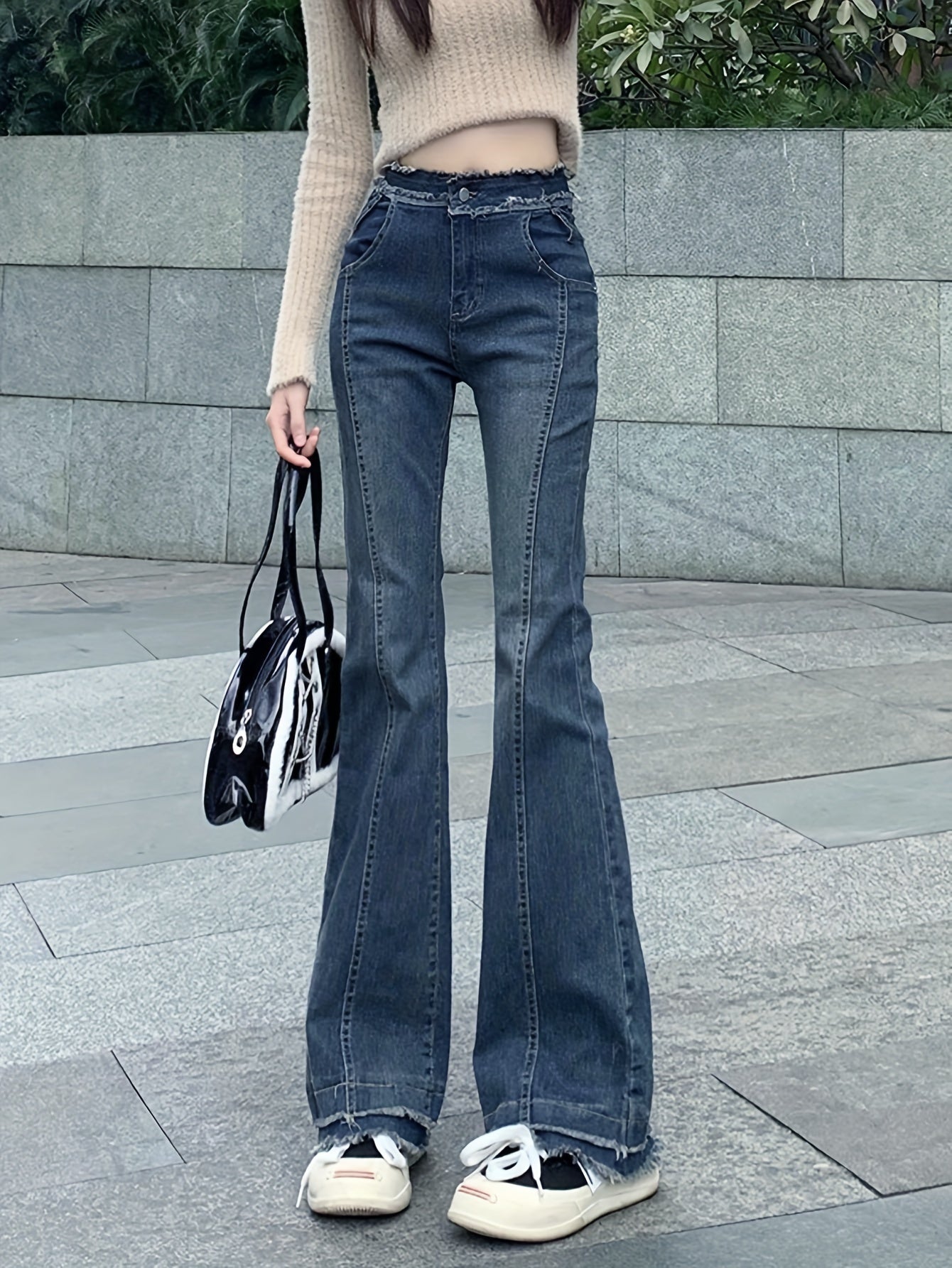 Sixsr Raw Trim Bell Bottom Denim Pants, High Waist Patchwork Stretchy Slim Fitted Flared Jeans, Women's Denim Jeans & Clothing