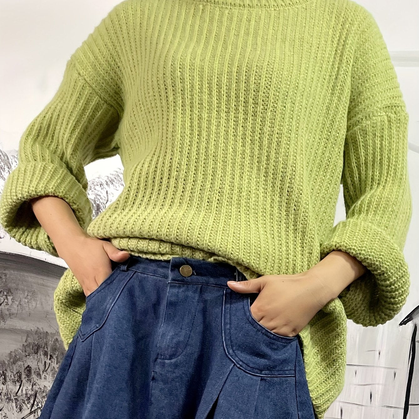 Sixsr Solid Crew Neck Rib Knit Sweater, Casual Long Sleeve Loose Pullover Sweater, Women's Clothing