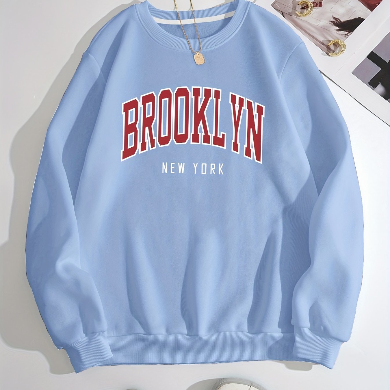 Sixsr Brooklyn Print Solid Pullover, Crew Neck Long Sleeve Casual Sweatshirt, Women's Clothing
