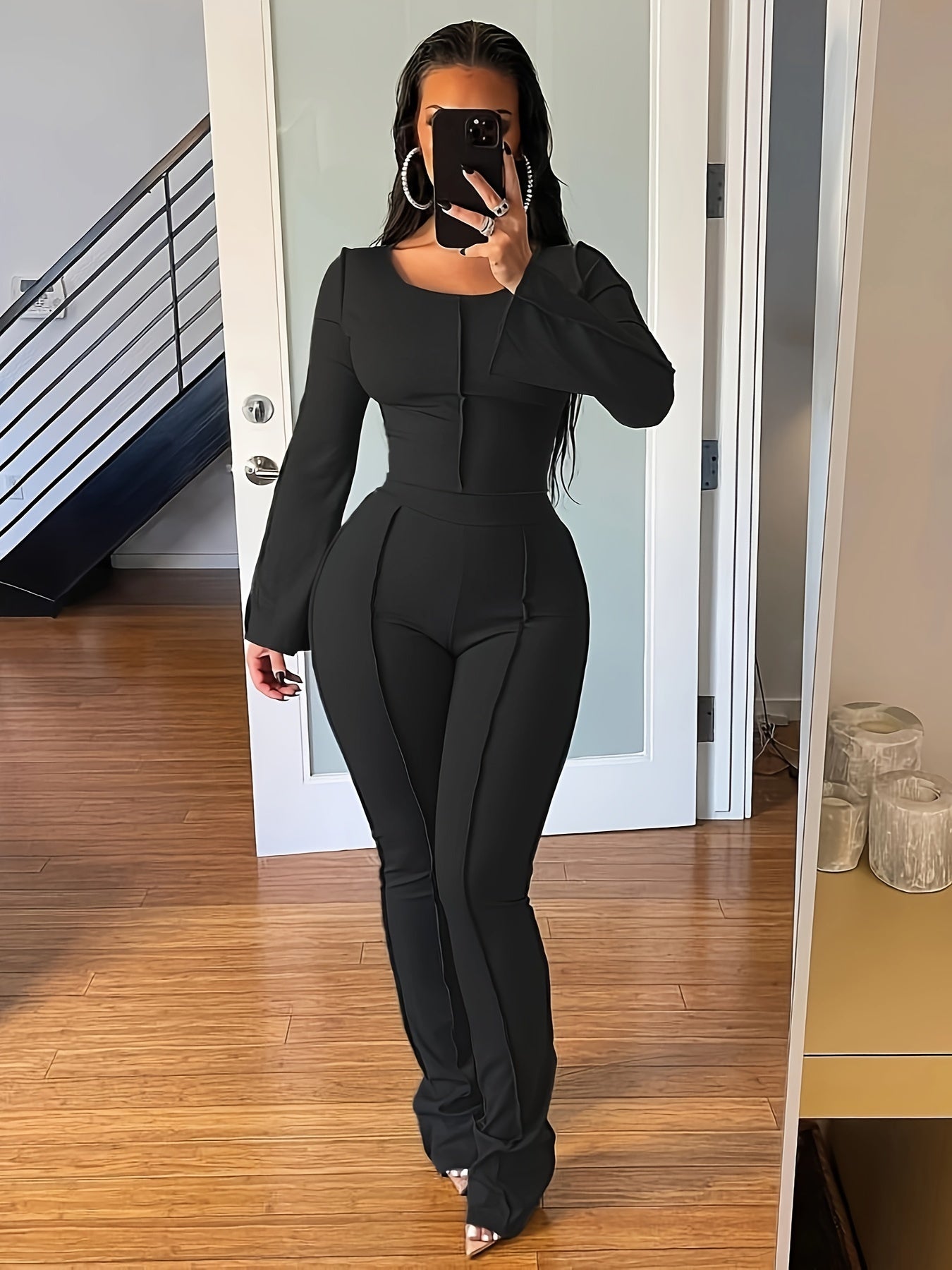 Sixsr Solid Rib Two-piece Set, Flared Sleeve Crew Neck Tops & High Waist Long Length Pants Outfits, Women's Clothing