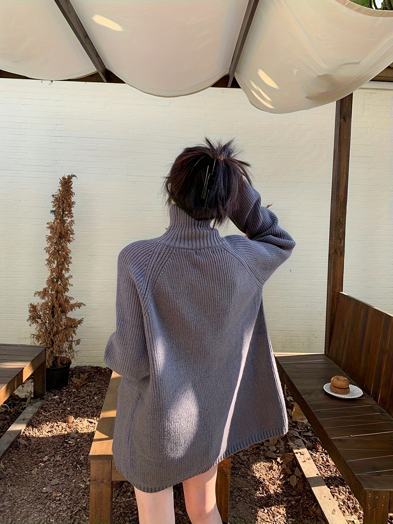 Sixsr Solid Zip Up Oversized Pullover Sweater, Casual Turtle Neck Long Sleeve Sweater, Women's Clothing