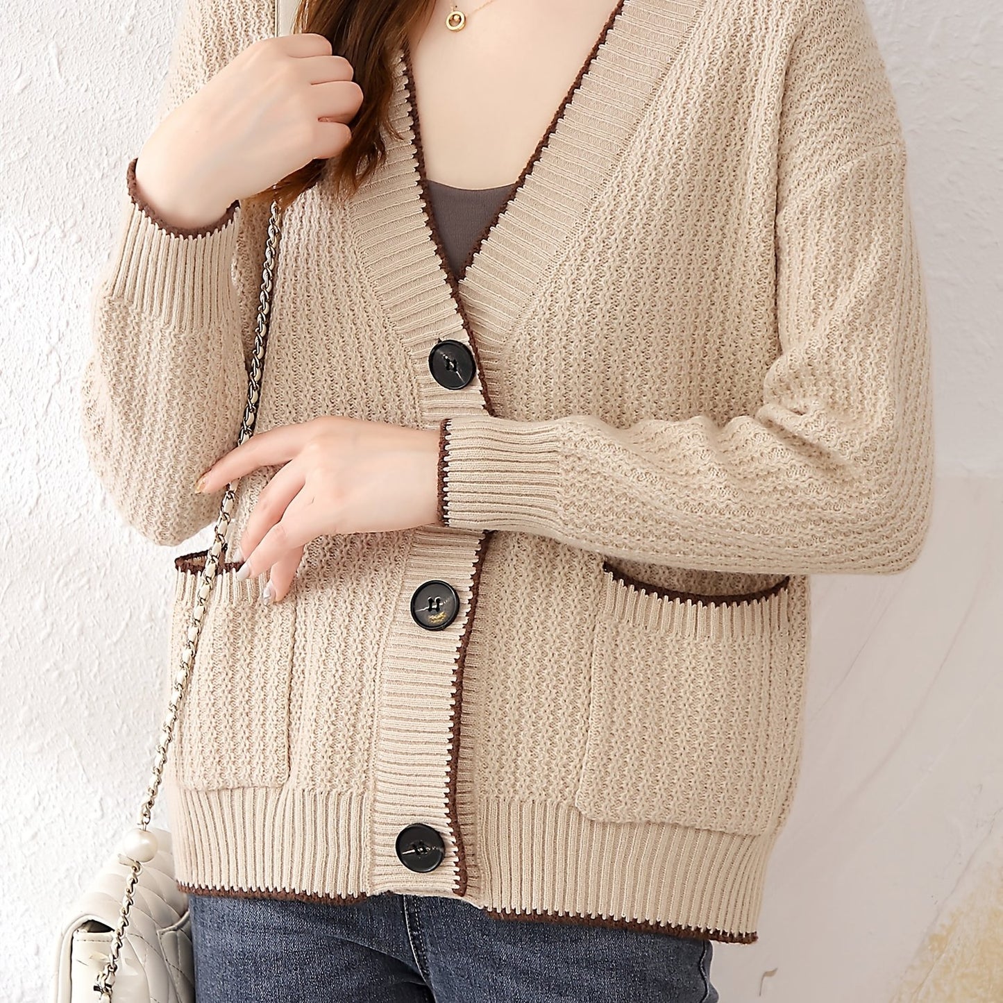 Sixsr V Neck Button Up Rib Knit Cardigan, Elegant Long Sleeve Sweater With Pocket, Women's Clothing