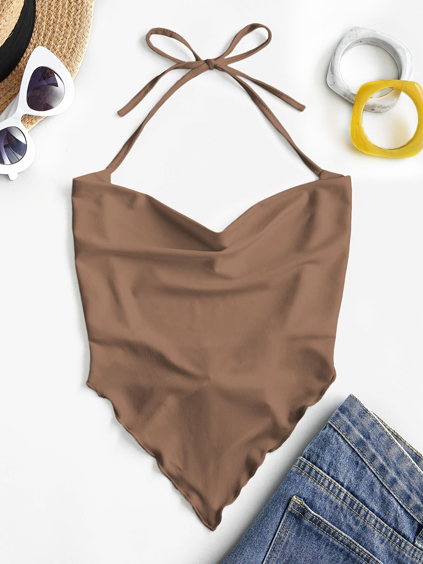 Solid Crop Halter Top, Casual Every Day Top For Summer & Spring, Women's Clothing