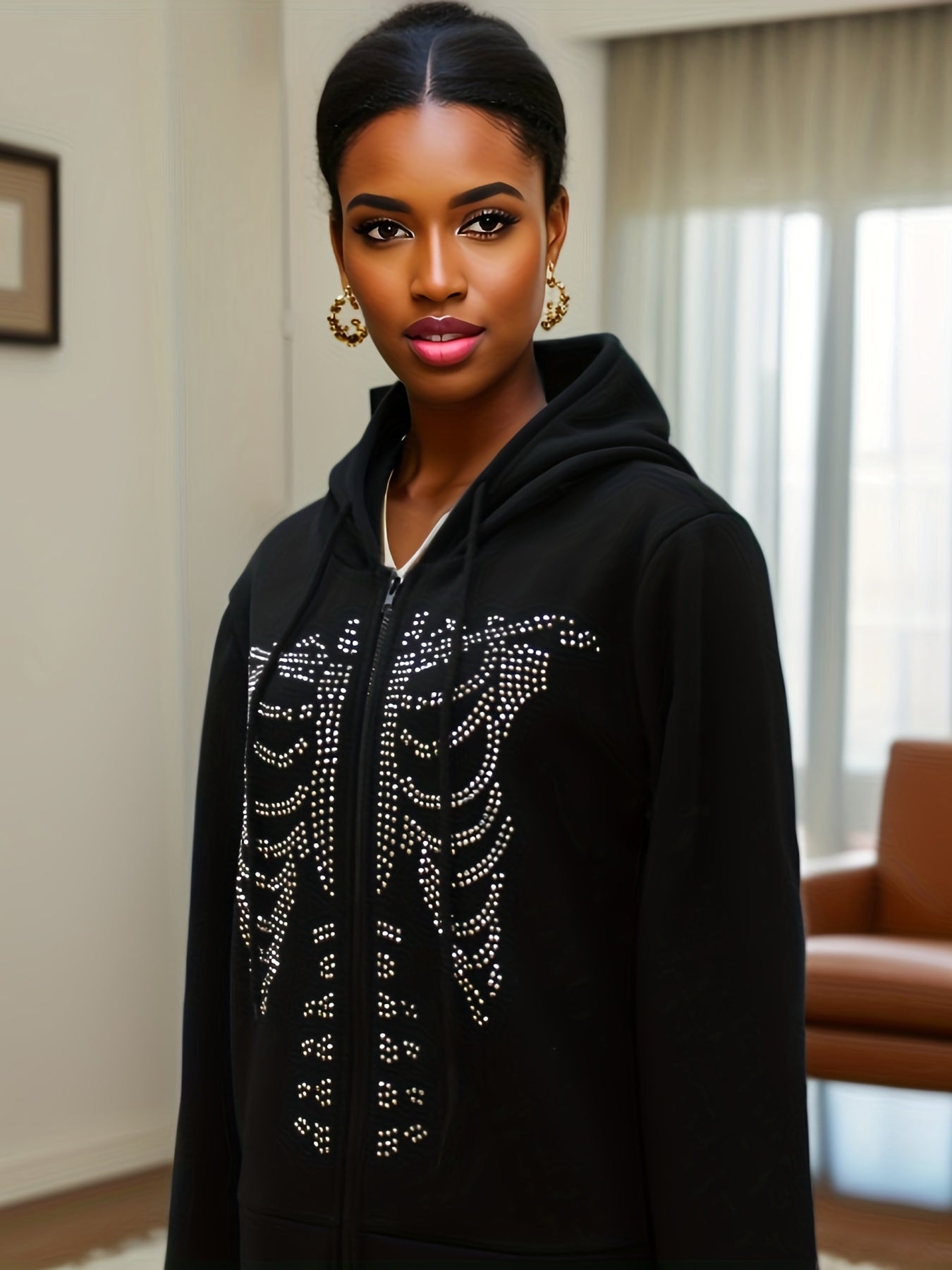 Sixsr Skeleton Print Zip Up Hoodies, Casual Drawstring Long Sleeve Sweatshirt, Women's Clothing