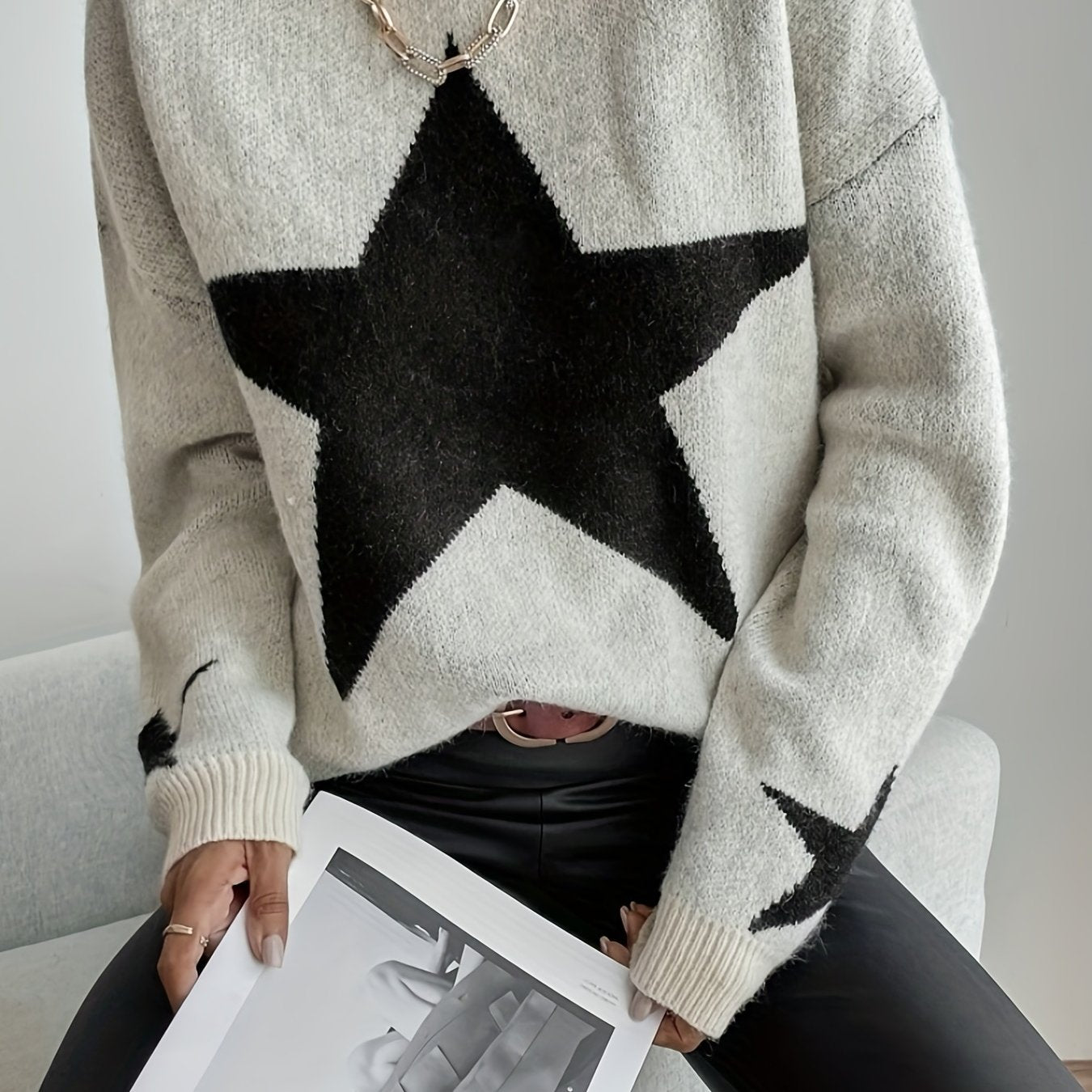 Sixsr Star Pattern Long Sleeve Sweater, Crew Neck Casual Sweater, Women's Clothing