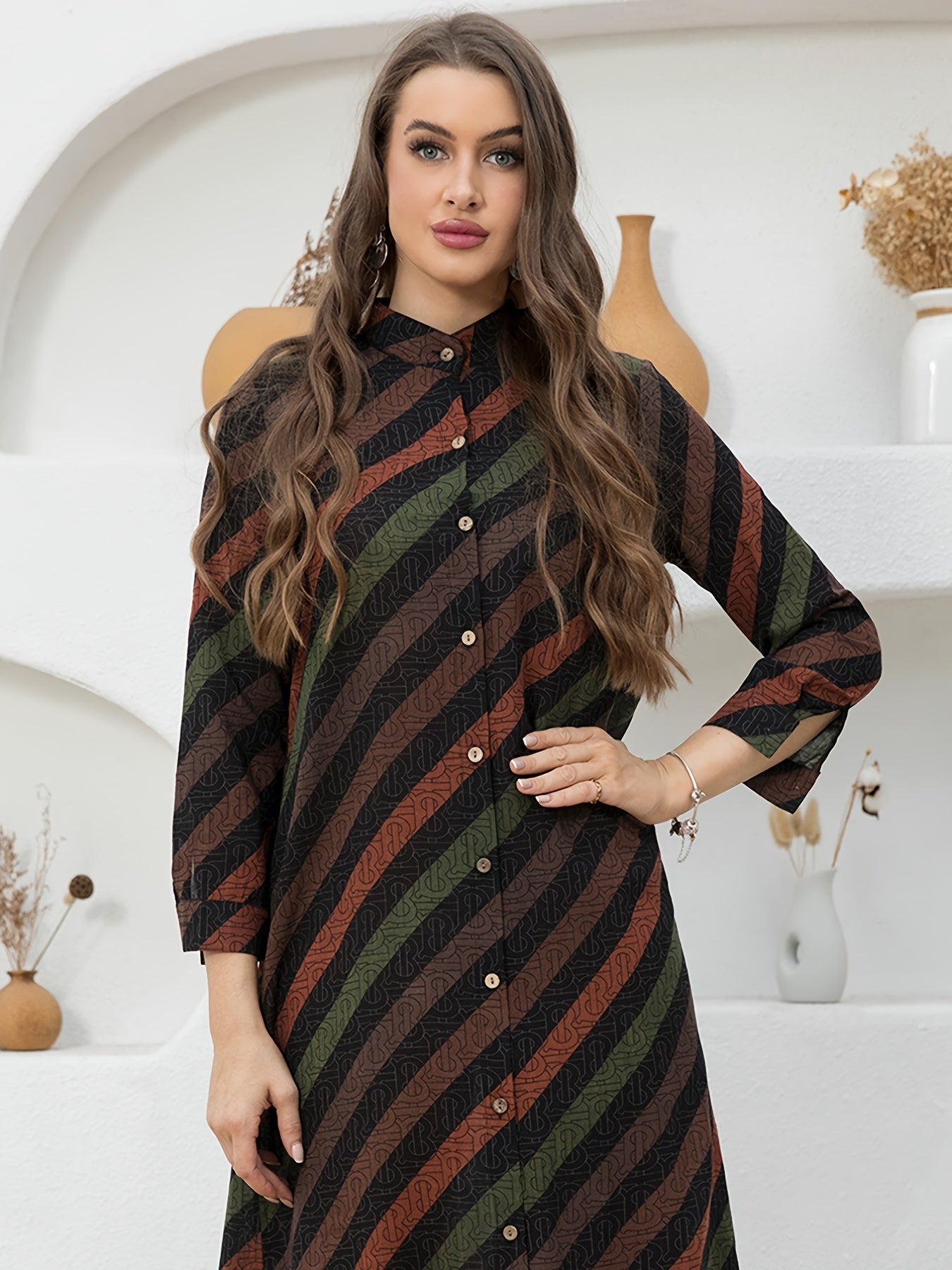 Sixsr Color Block Striped Print Dress, Vintage Button Front Long Sleeve High Neck Ruched Dress, Women's Clothing