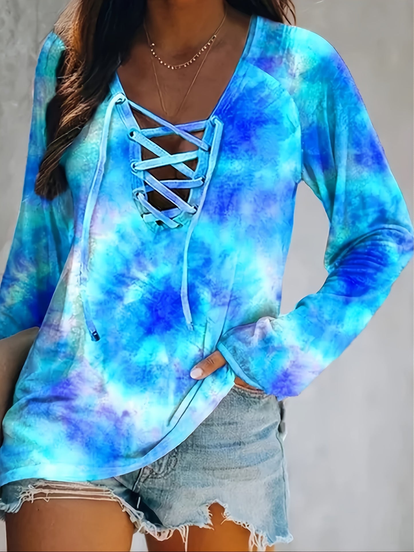 Tie Dye Criss Cross V Neck Long Sleeve T-shirt, Casual Spring & Fall Loose T-shirt, Women's Clothing