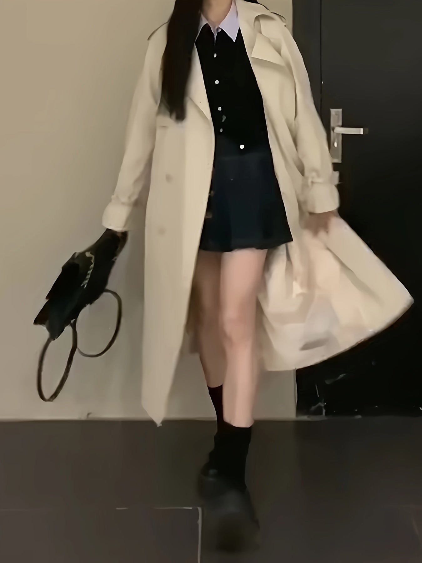 Sixsr Notched Collar Double-breasted Trench Coat, Casual Long Sleeve Midi Coat For Fall & Winter, Women's Clothing