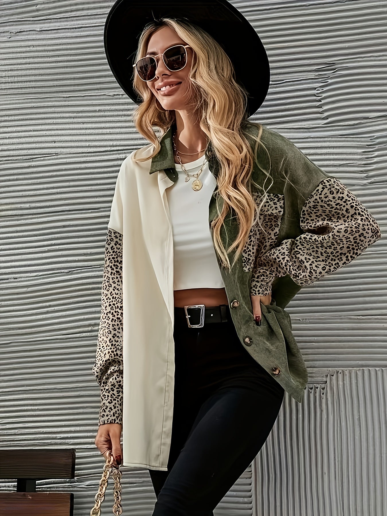 Sixsr Leopard Print Color Block Jacket, Casual Flap Pockets Lantern Sleeve Outwear For Spring & Fall, Women's Clothing