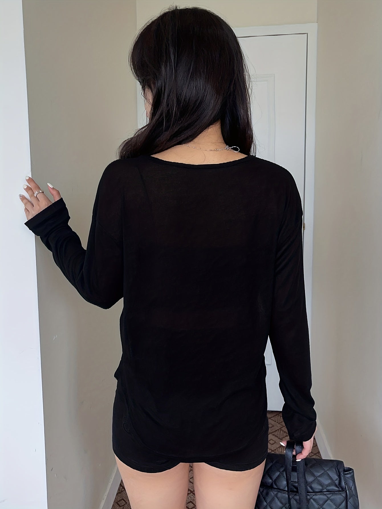 Sixsr Grey Single-breasted Scoop Neck Cover Up T-shirt Top, Long Sleeve Semi Sheer Loose Fit Solid Color Sun Protection Beach Coverup Shirt, Women's Swimwear & Clothing