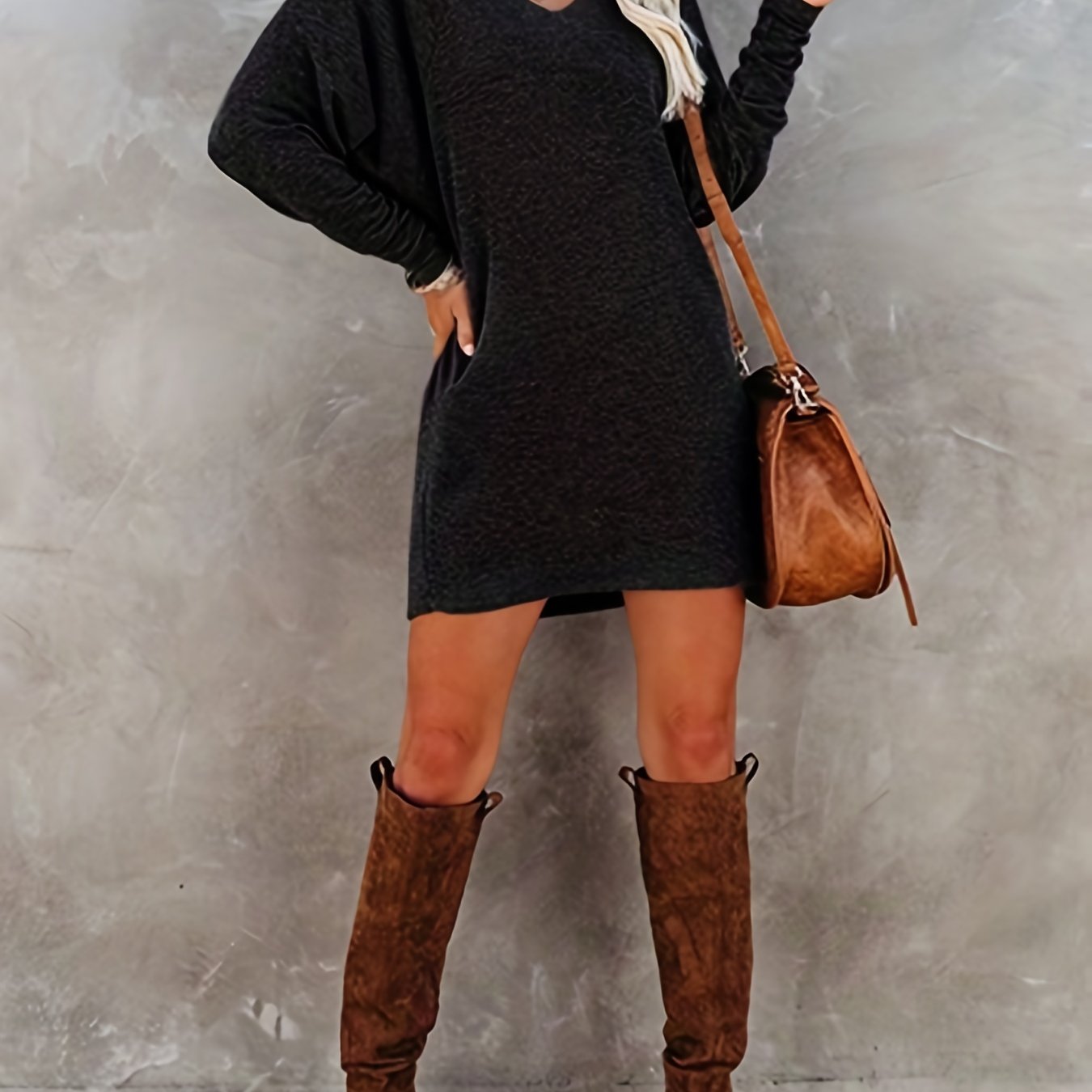 Sixsr Batwing Long Sleeve Dress, Casual V Neck Simple Mini Dress, Women's Clothing