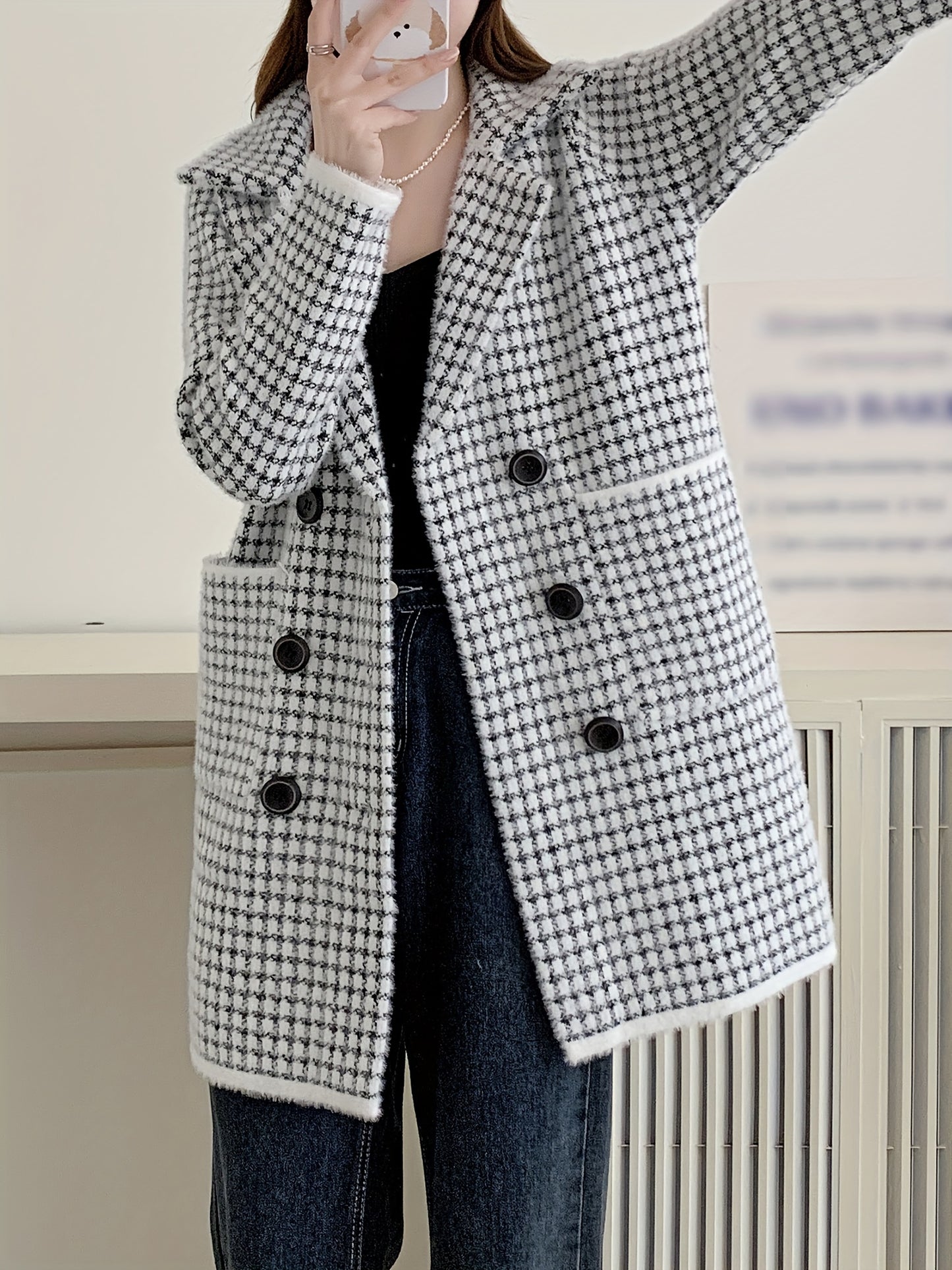 Sixsr Double Breasted Fuzzy Overcoat, Elegant Lapel Long Sleeve Warm Outerwear, Women's Clothing