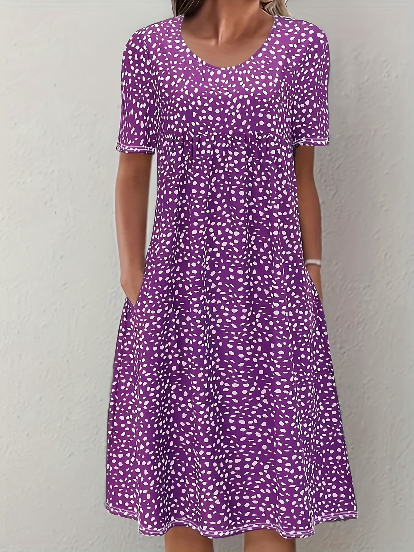Sixsr Boho Floral Print Dual Pockets Dress, Casual Crew Neck Short Sleeve Dress, Women's Clothing