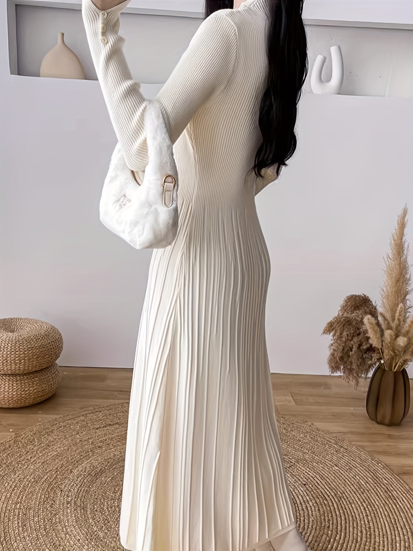 Sixsr Solid Sweater Maxi Dress, Elegant Mock Neck Long Sleeve Dress, Women's Clothing