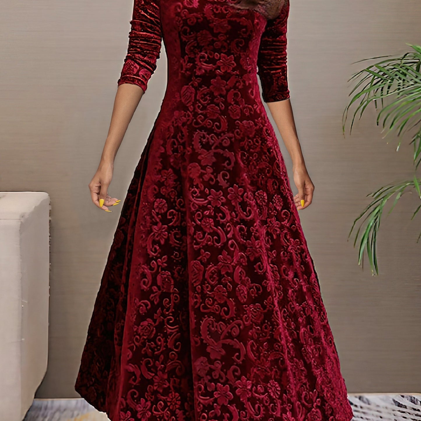Sixsr Solid Color Long Sleeve Dress, Elegant V Neck Flared Dress For Spring & Fall, Women's Clothing