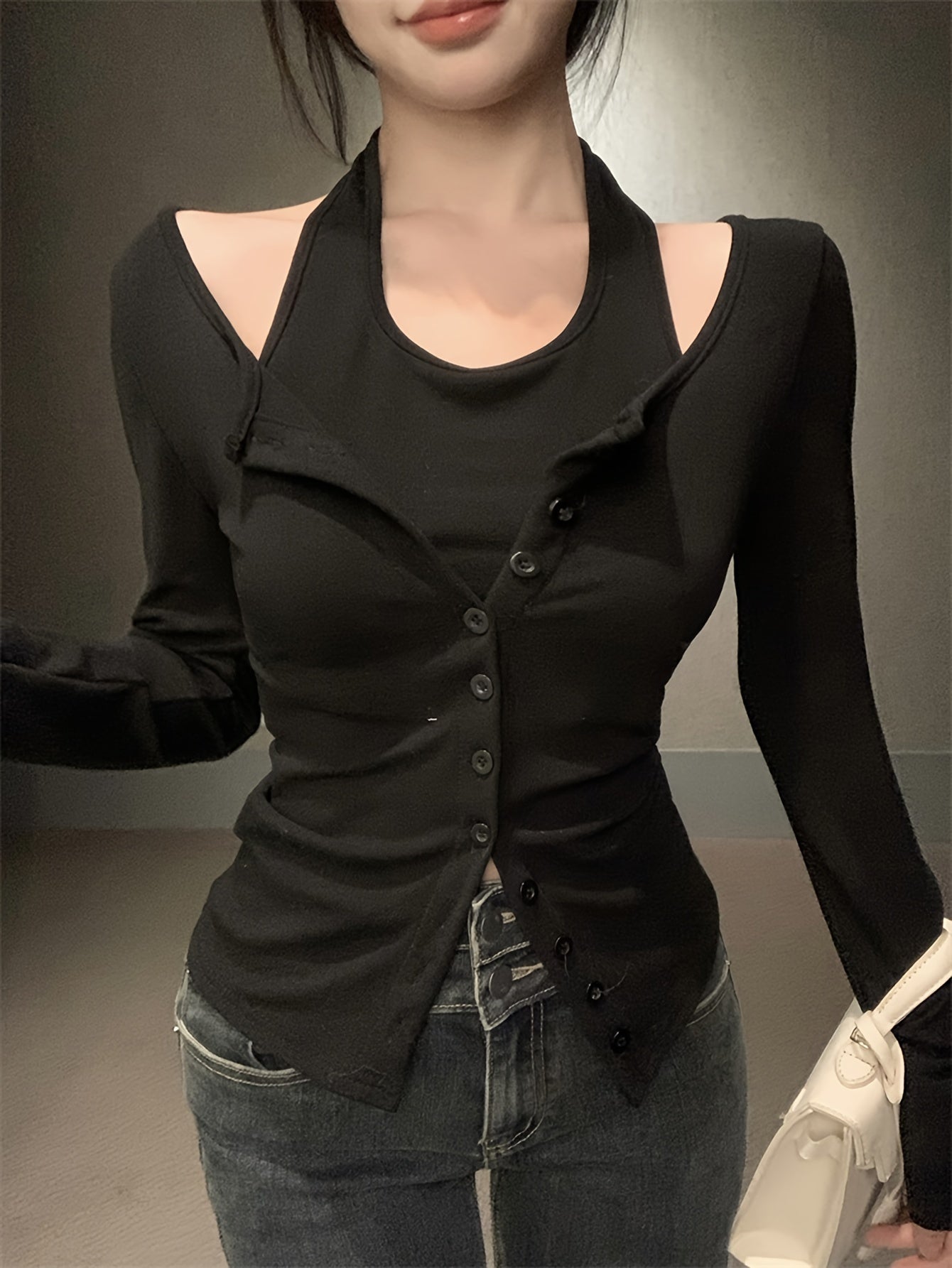 Sixsr Faux Twinset Halter Neck Top, Casual Long Sleeve Button Top For Spring & Fall, Women's Clothing