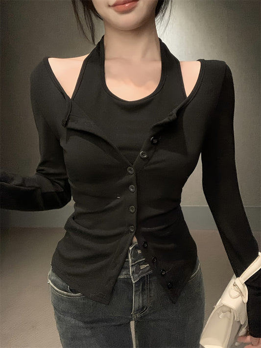 Sixsr Faux Twinset Halter Neck Top, Casual Long Sleeve Button Top For Spring & Fall, Women's Clothing