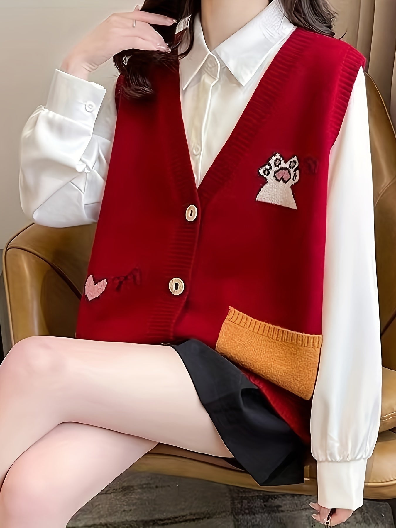 Sixsr Cartoon Pattern Button Front Sweater Veat, Elegant Sleeveless Vest, Women's Clothing