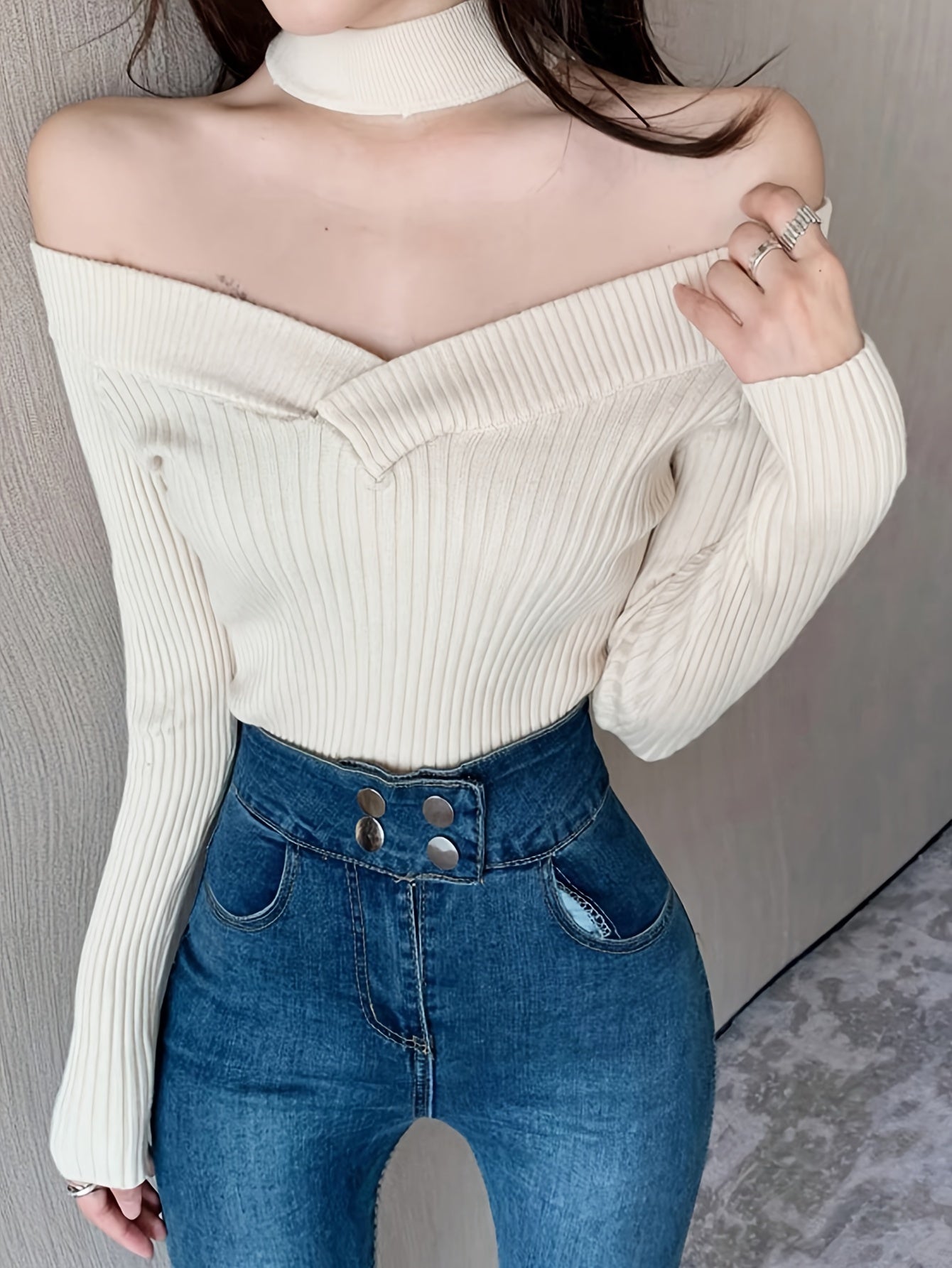 Sixsr Cold Shoulder Choker Neck Sweater, Chic Long Sleeve Sweater For Fall & Winter, Women's Clothing