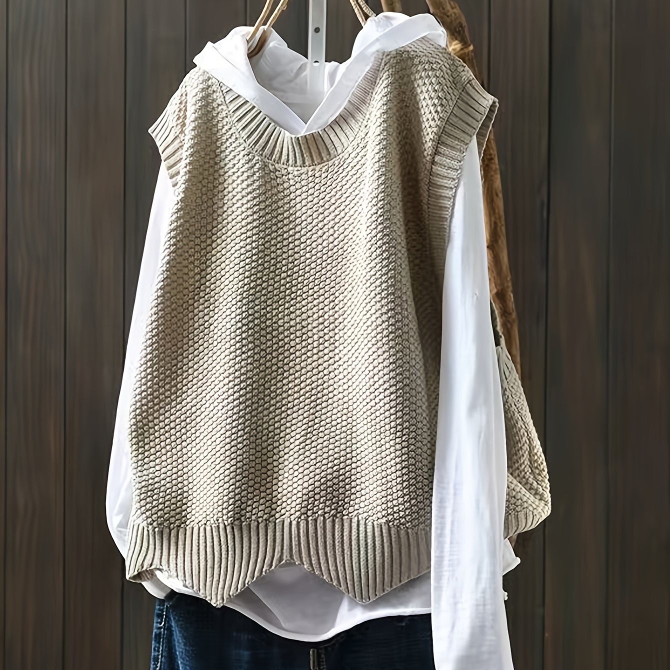 Sixsr Solid Crew Neck Knitted Vest, Casual Sleeveless Loose Sweater, Women's Clothing