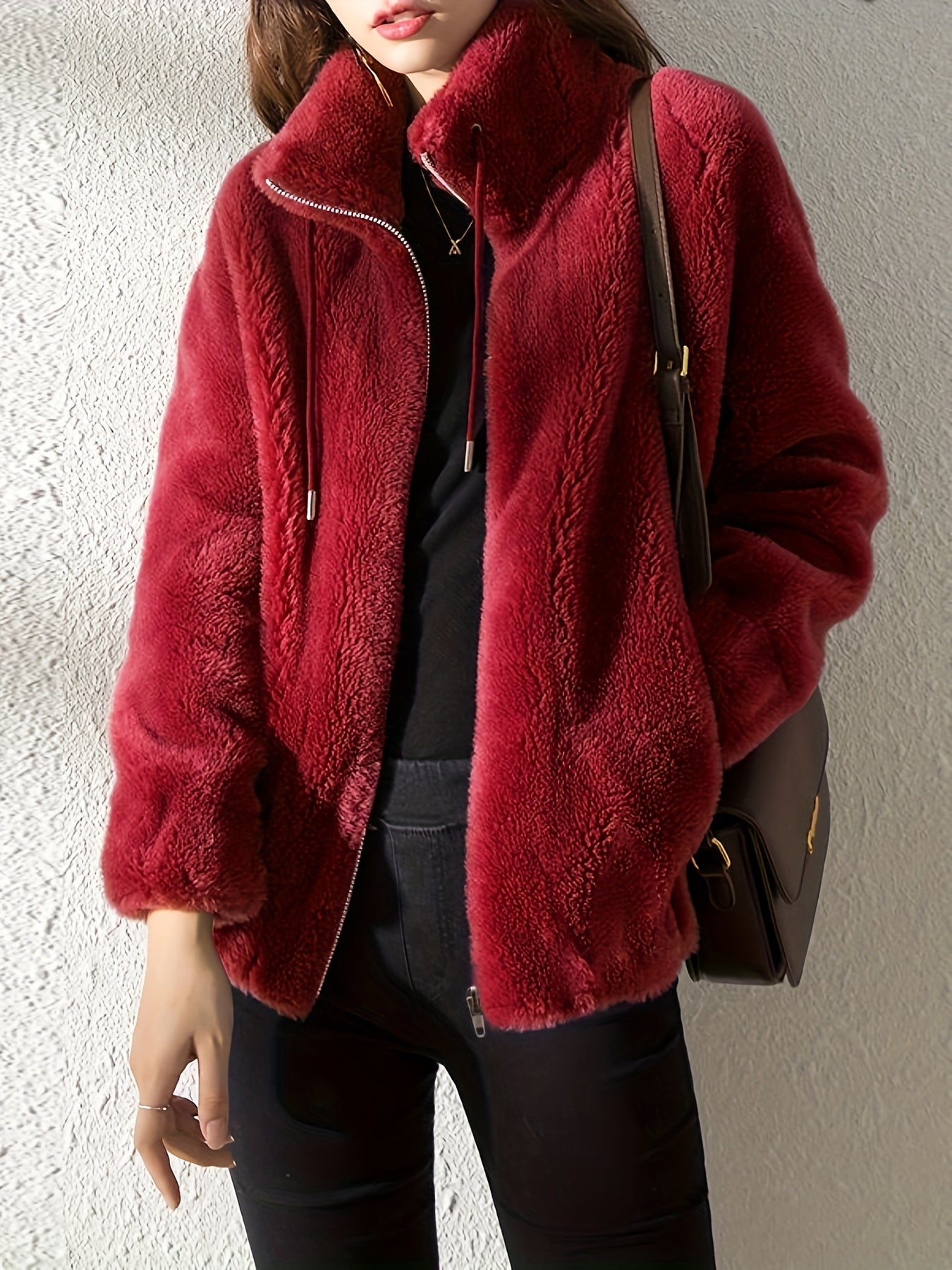 Sixsr Drawstring Teddy Coat, Casual Zip Up Long Sleeve Warm Outerwear, Women's Clothing
