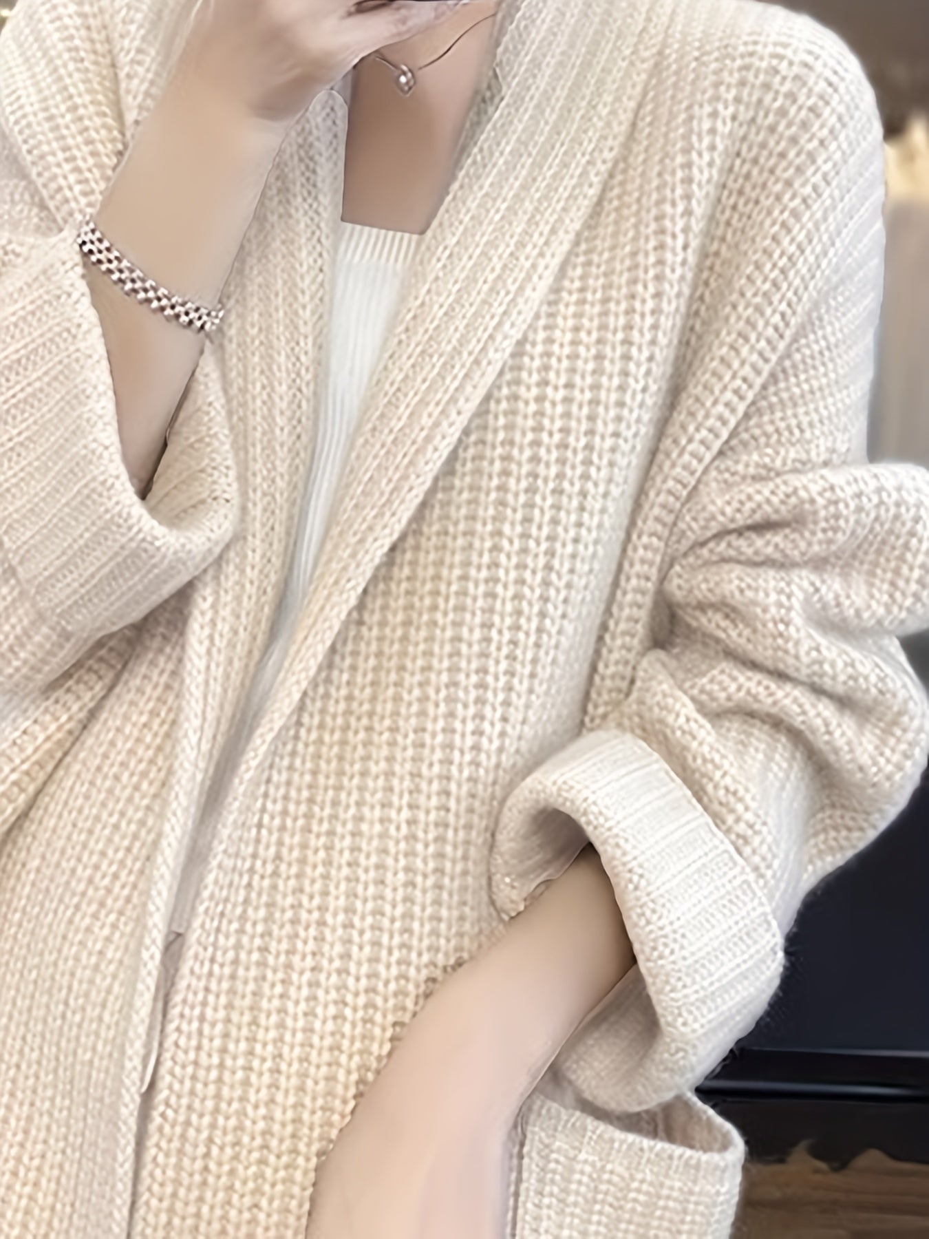 Sixsr Solid Open Front Knit Cardigan, Casual Long Sleeve Drop Shoulder Sweater With Pocket, Women's Clothing