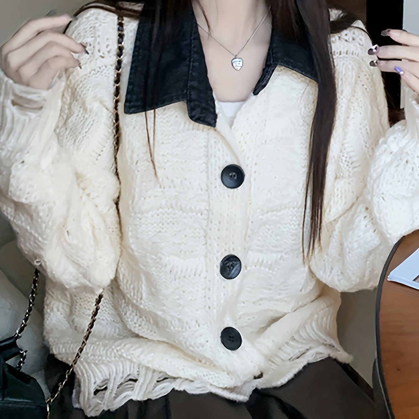 Sixsr Color Block Button Up Knit Cardigan, Casual Turndown Collar Long Sleeve Ripped Sweater, Women's Clothing