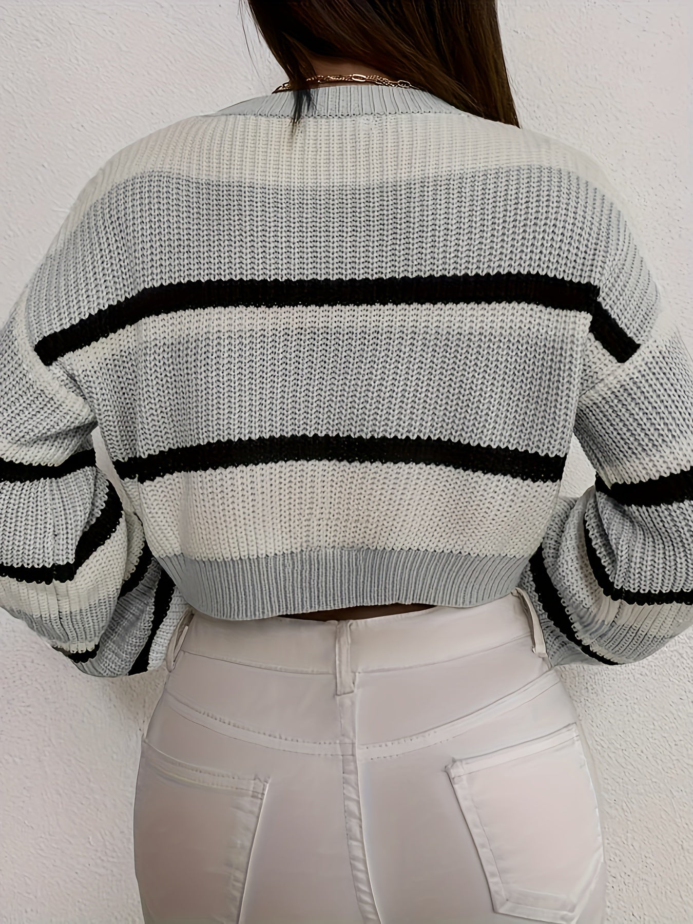 Sixsr Color Block Striped Knit Sweater, Casual Crew Neck Long Sleeve Sweater, Women's Clothing