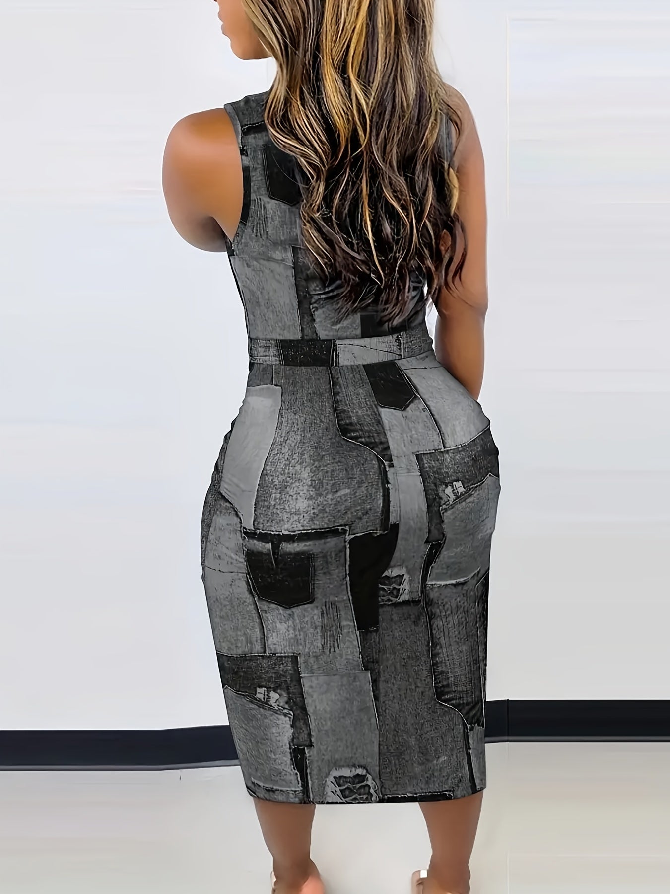 Patchwork Graphic Print Dress, Sexy Split Mock Neck Sleeveless Bag Hip Dress, Women's Clothing