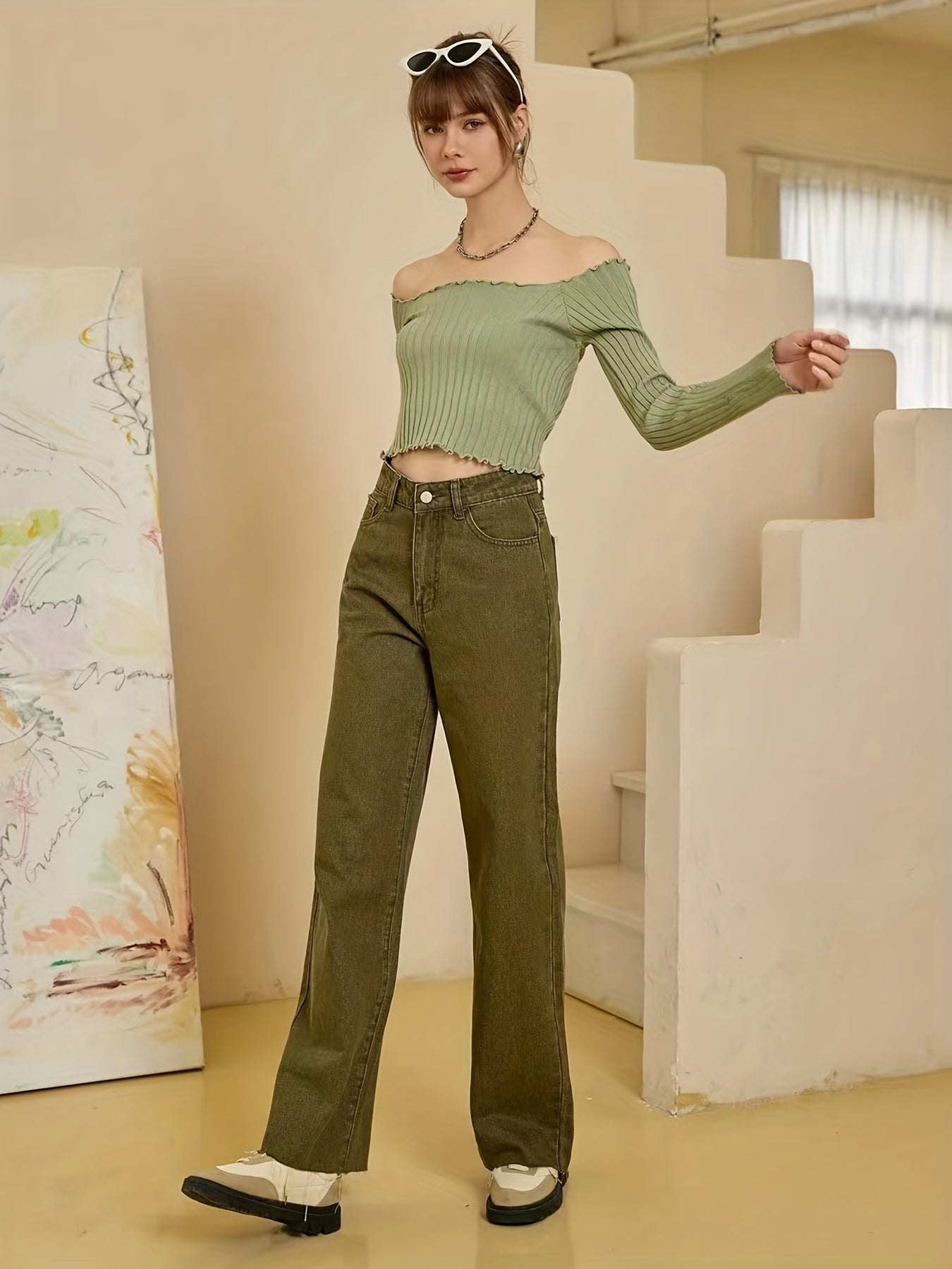 Sixsr Olive Green Frayed Hem Jeans, Solid Color Slant Pocket Straight Leg Denim Pants, Women's Denim Jeans & Clothing