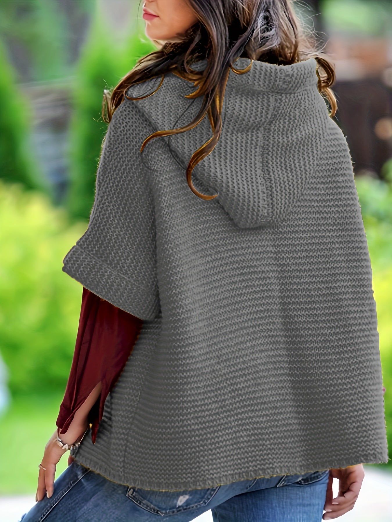 Sixsr Plus Size Casual Sweater, Women's Plus Solid Button Up Short Sleeve Hooded Sweater