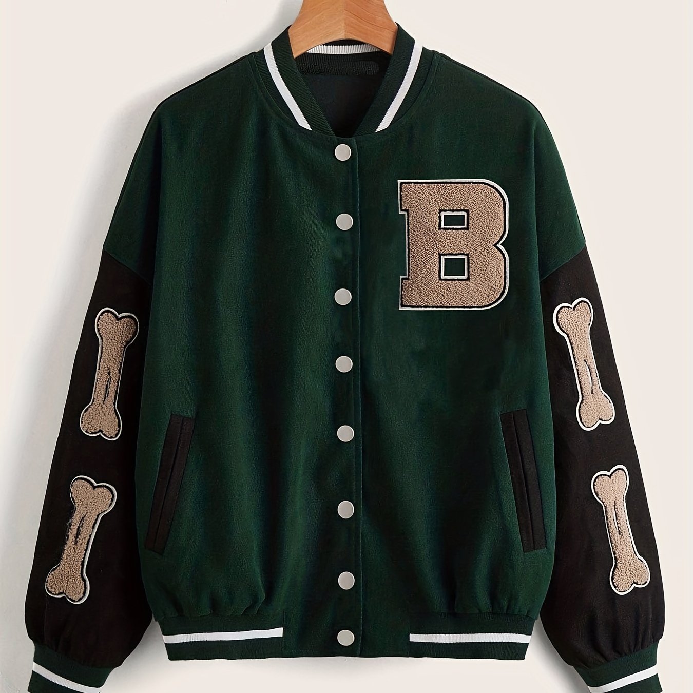 Sixsr Plus Size Casual Jacket, Women's Plus Colorblock Letter Patch Button Up Long Sleeve Bomber Jacket
