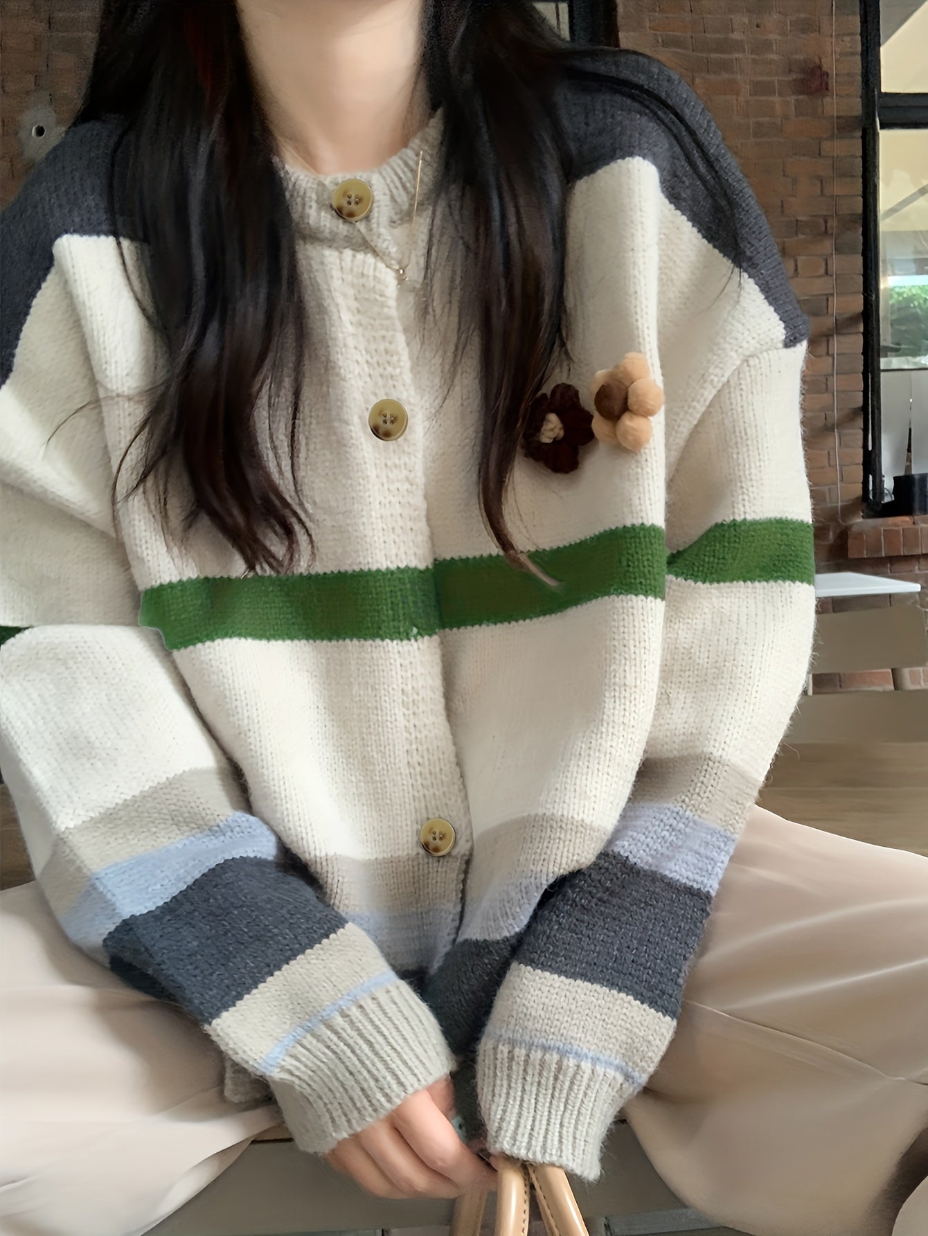 Sixsr Striped Button Front Cardigan, Casual Long Sleeve Drop Shoulder Outwear, Women's Clothing