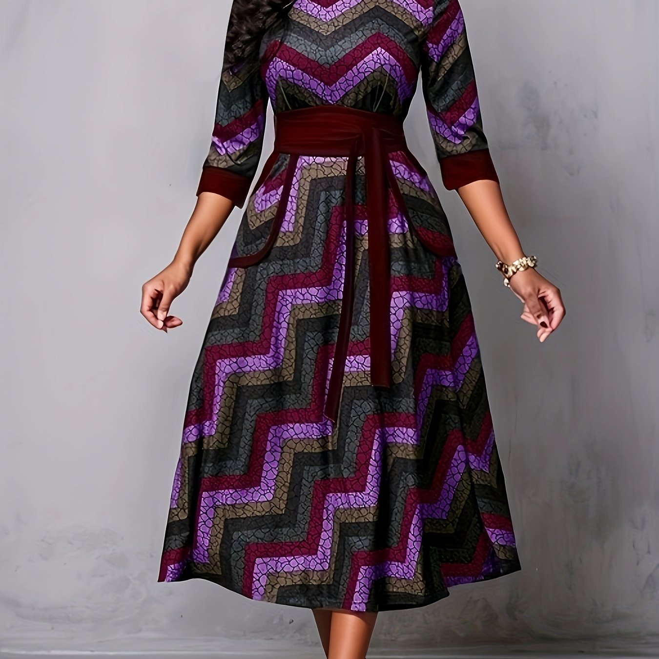 Sixsr Geo Print Tie Front Dress, Casual Pocket Crew Neck Half Sleeve Dress, Women's Clothing
