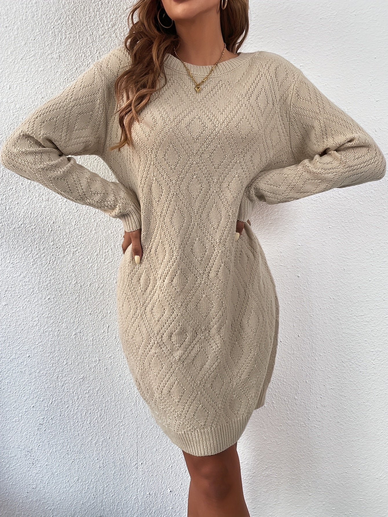 Sixsr Argyle Pattern Sweater Dress, Casual Crew Neck Long Sleeve Dress, Women's Clothing